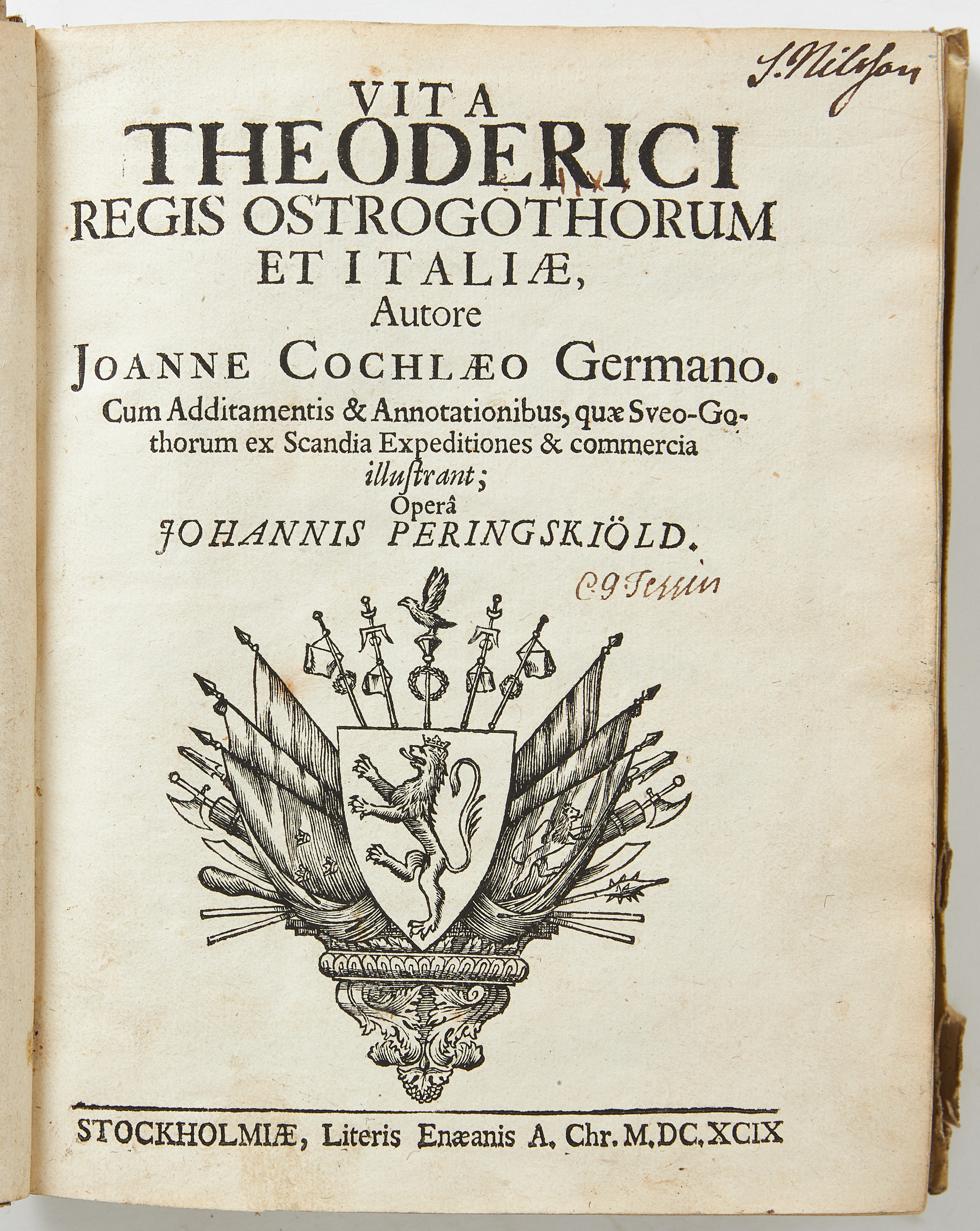 TESSINS EXEMPLAR AV COCHLAEUS VITA THEODERICI 1699.