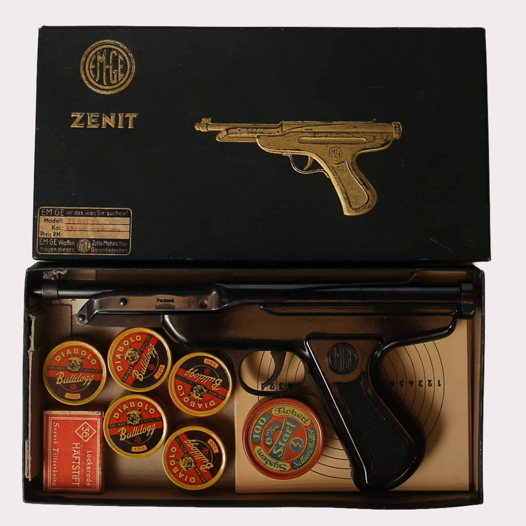 LUFTPISTOL, EM-GE, "Zenith", Tyskland, pipa märkt EM -GE Zella Mehlis(Thür.), originalkartong med tryck i relief.