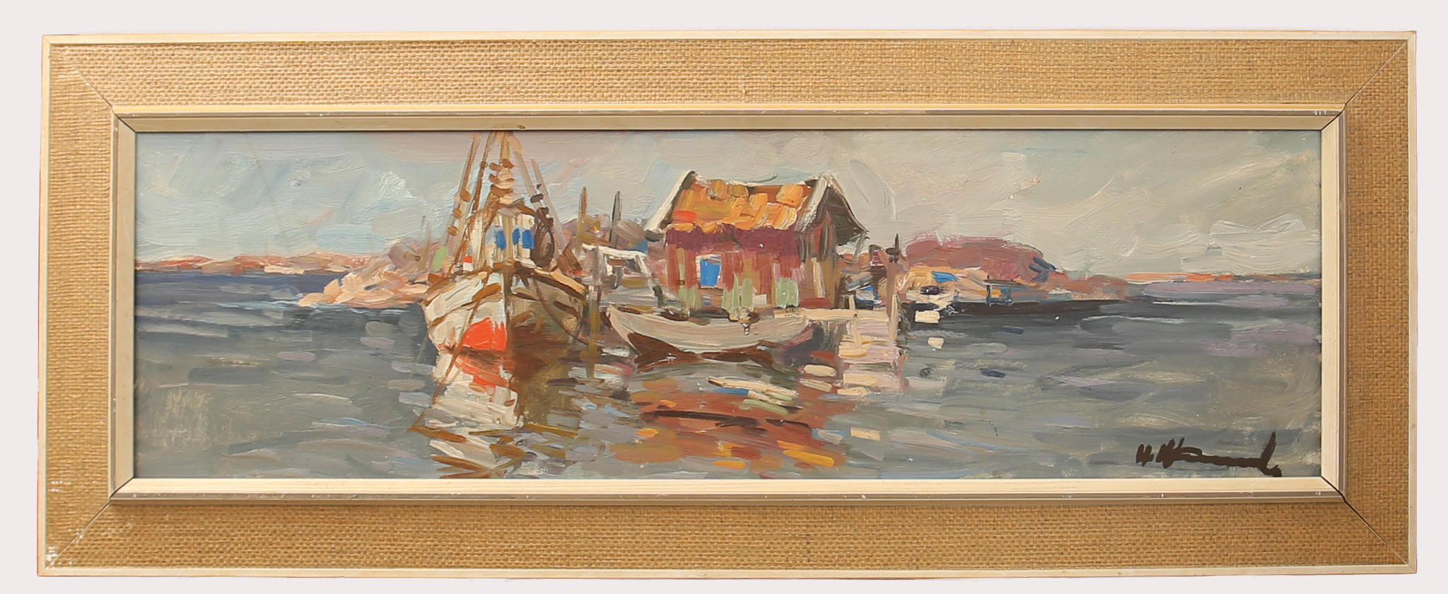 UNO HUBERT KARLSSON. Olja på duk, båtar i hamn, signerad.