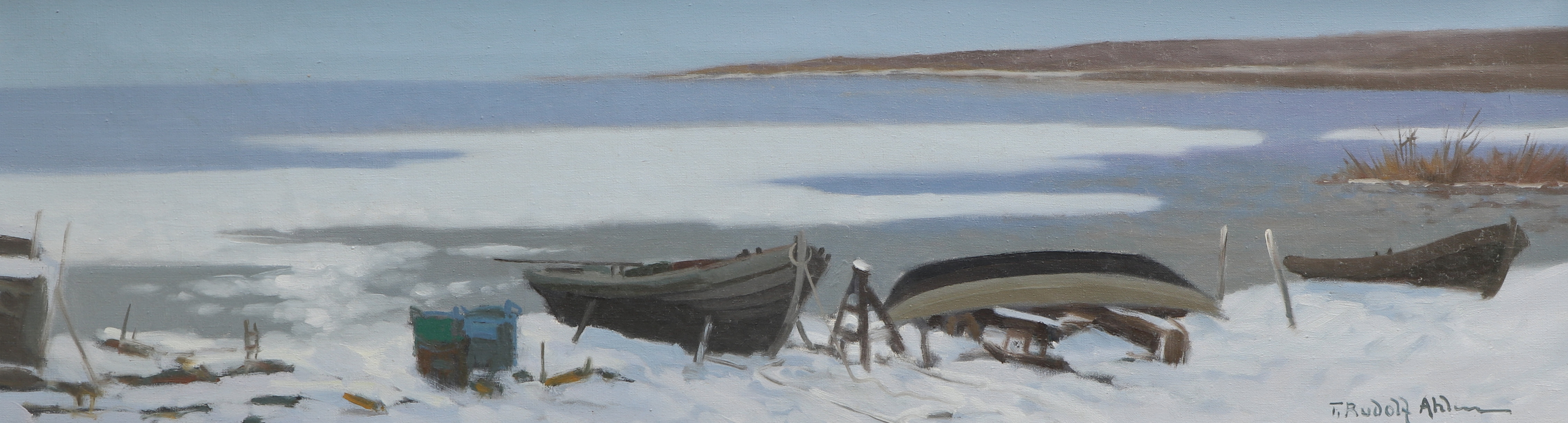 TAGE RUDOLF  AHLM. Olja på duk, vinterlandskap vid sjö, signerad.