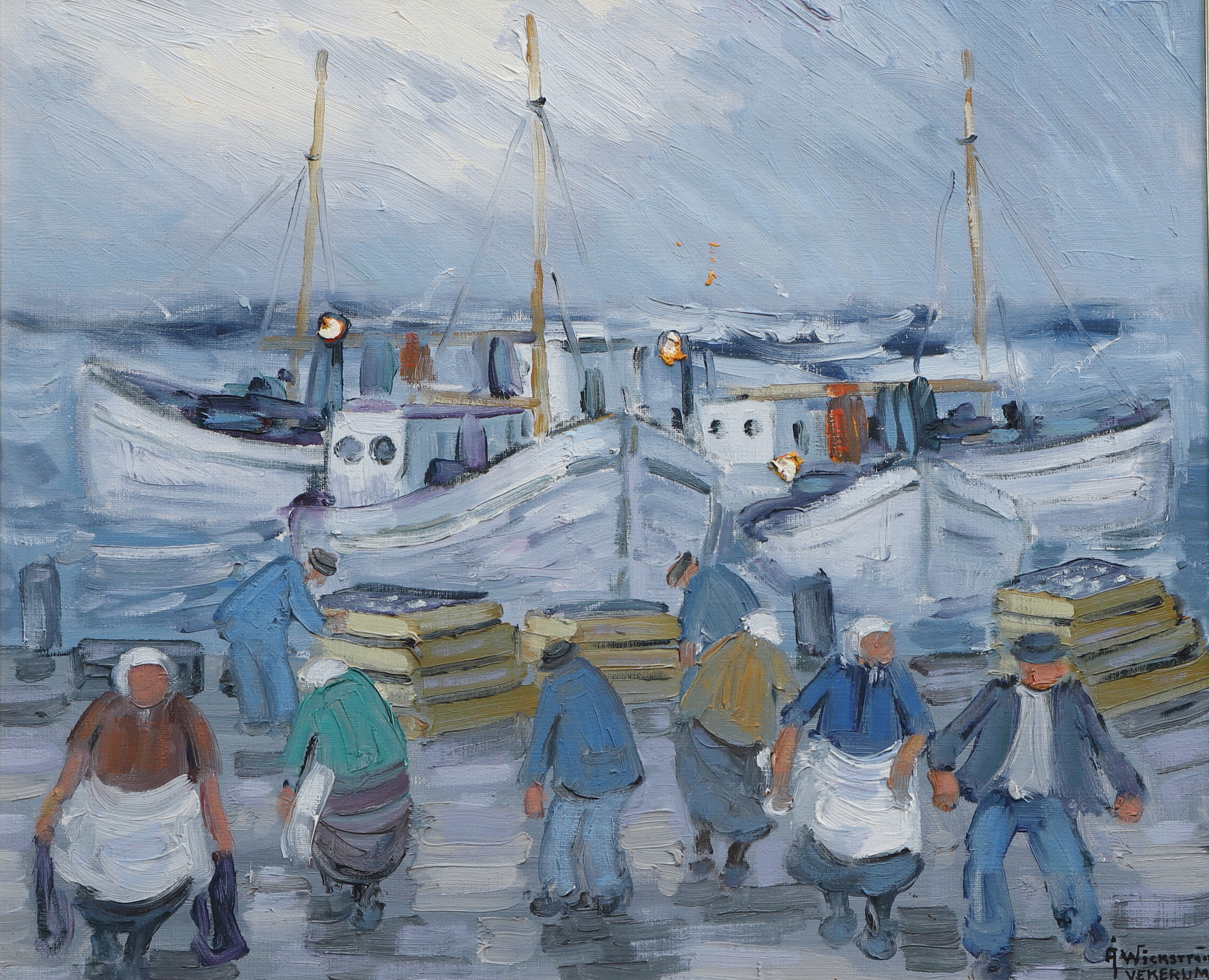 ÅKE WICKSTRÖM. Olja på duk, "Hanö fiskare. Karlshamns Fisktorg", Vekerum, signerad, daterad 1942.