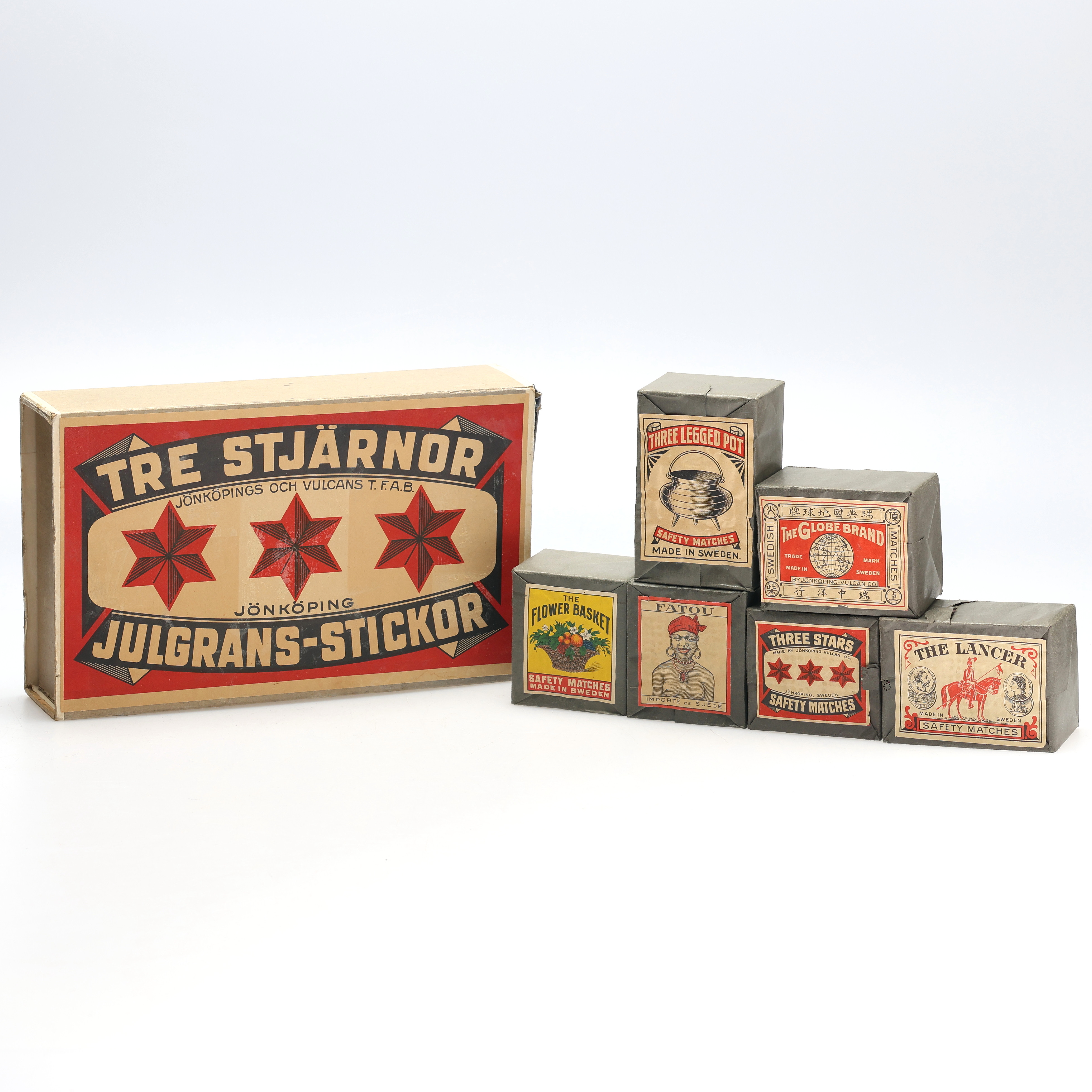 TÄNDSTICKOR, 6 förpackningar samt stor tändsticksask, Jönköpings & Vulcans T.F.A.B.