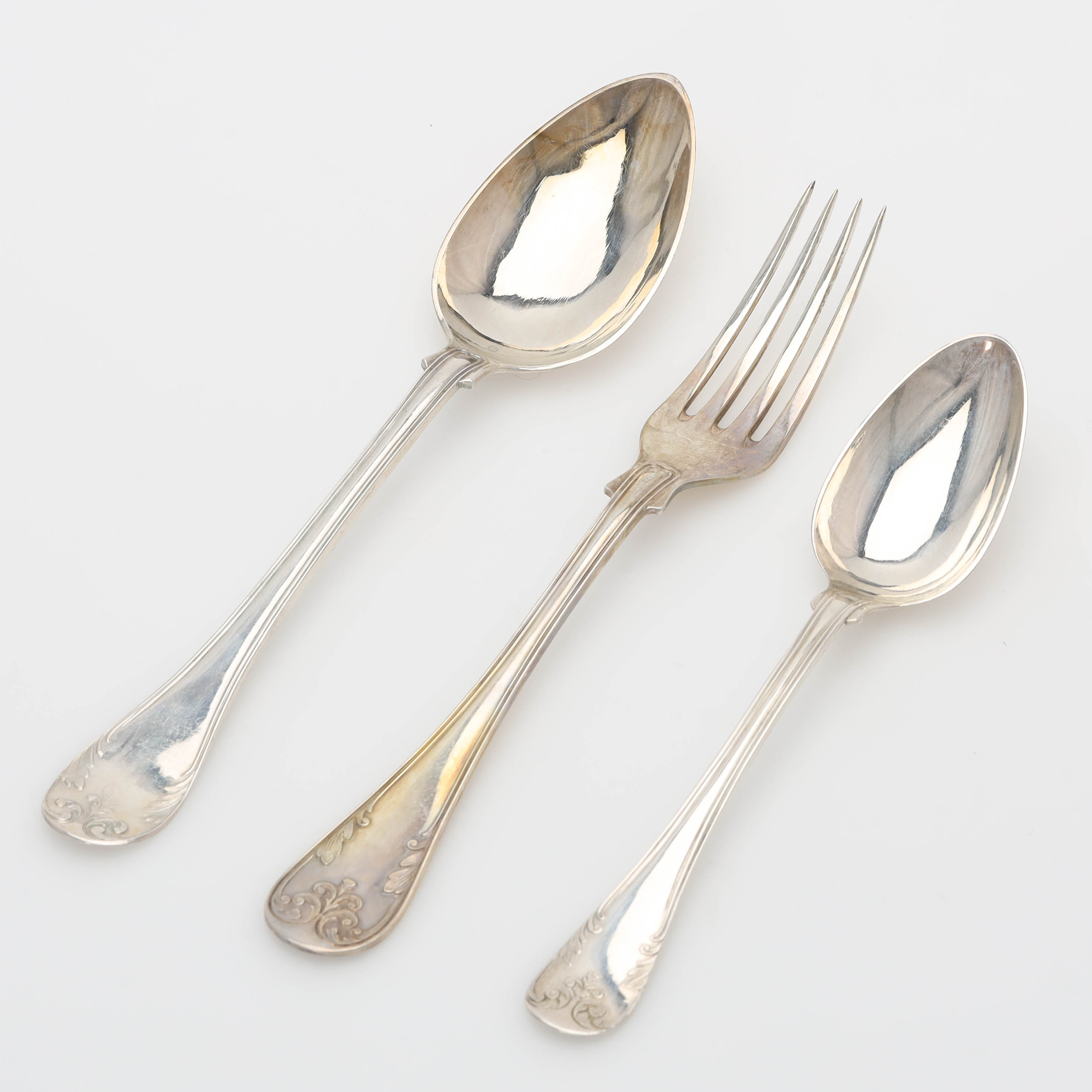 BESTICK, silver, 3st, "gammelfransk", 1800/1900-tal.