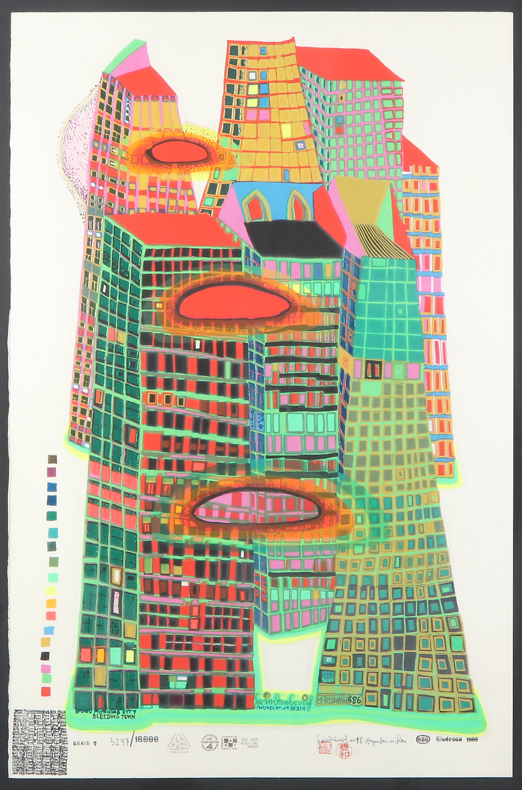FRIEDENSREICH HUNDERTWASSER. Litografi med metallprägling, 3297/10000. Stadsmotiv. Signerad.