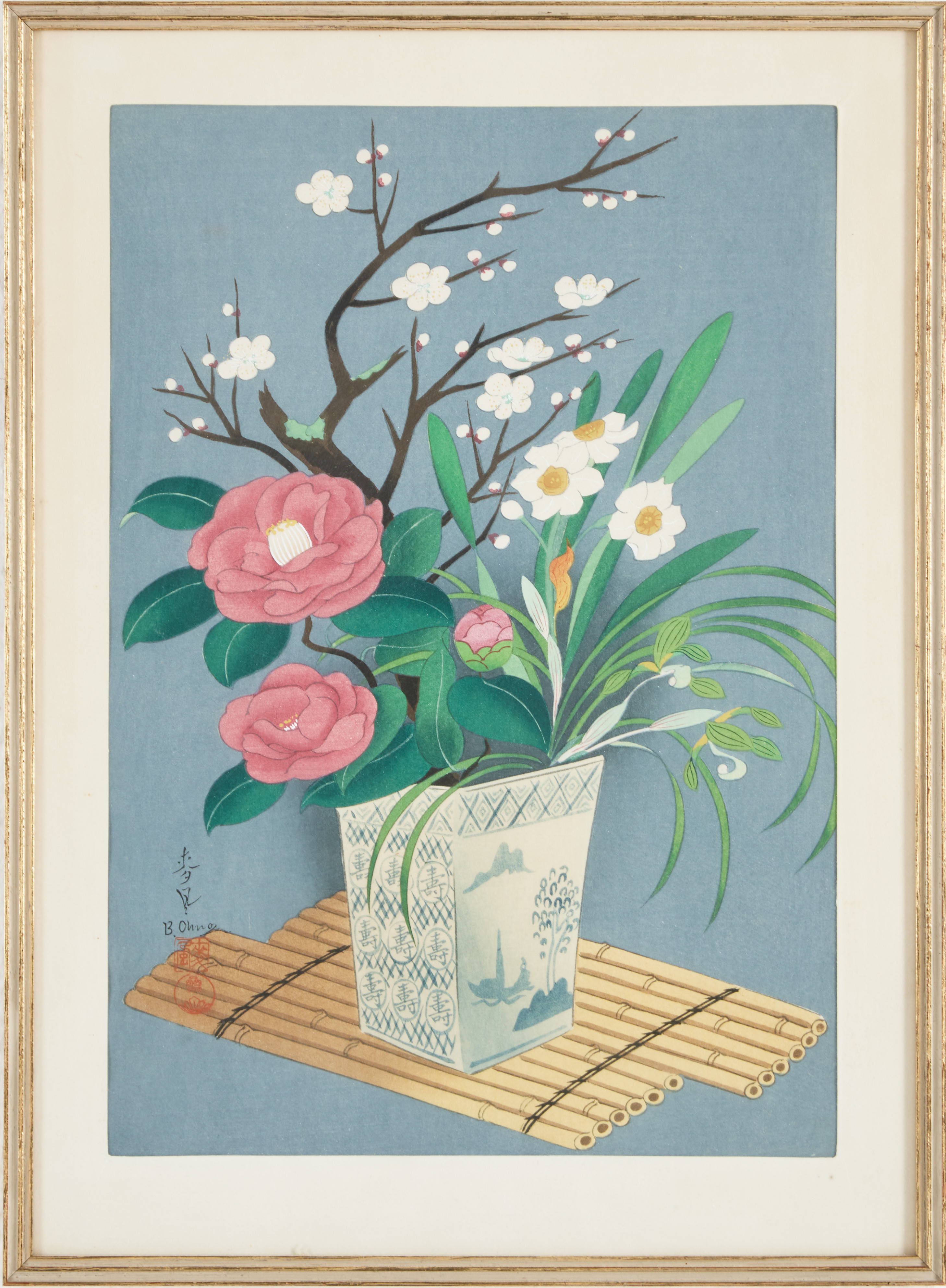 BAKUFU OHNO (1888-1976). blommor i vas, träsnitt, signerad i trycket, 1900-talets mitt.
