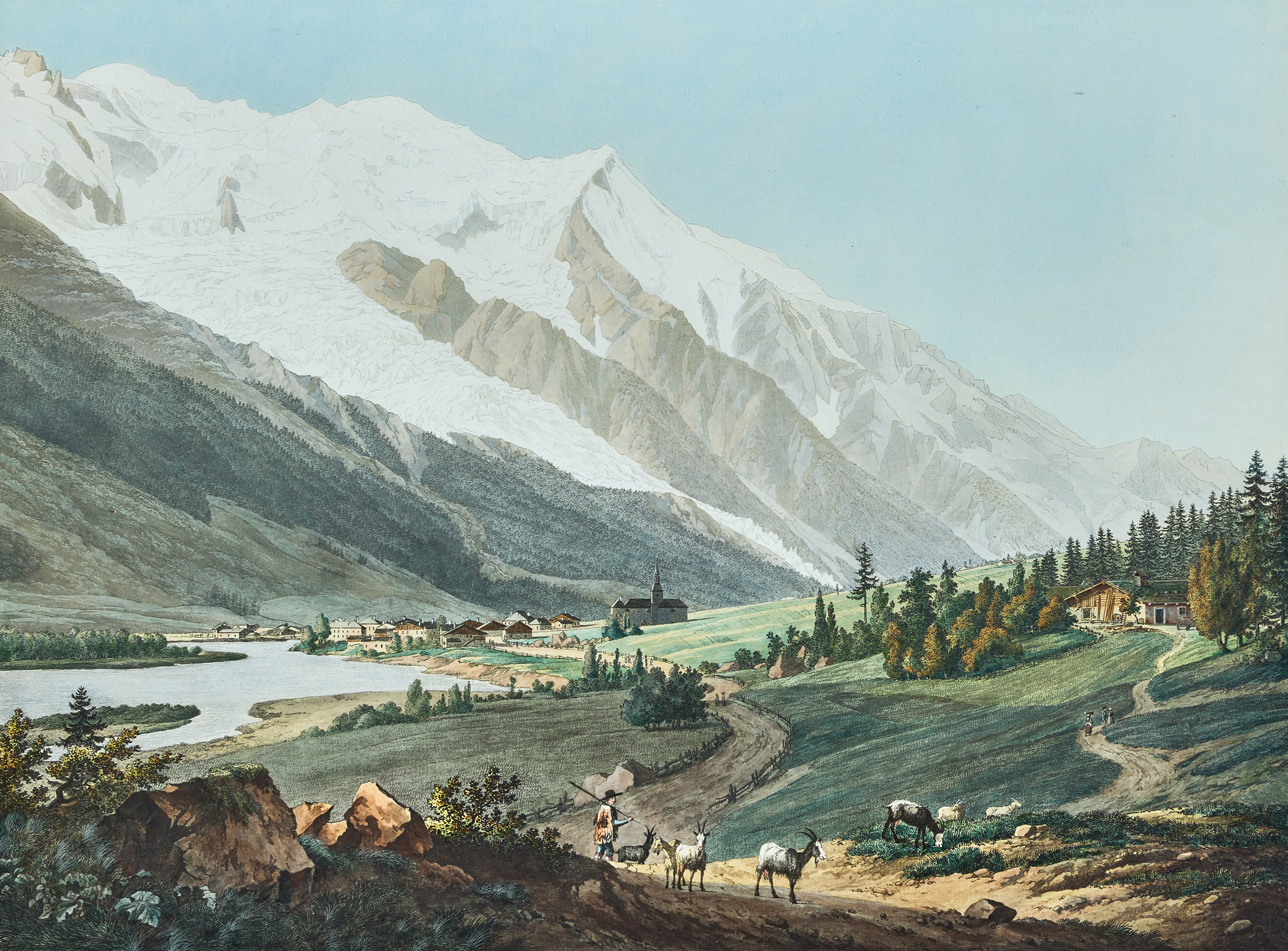 JEAN ANTOINE LINCK (SWITZERLAND 1766-1843). "Vue du Prieuré de Chamouni, du Mont-Blanc, de l'Aiguille du Gouté et du Glacier des Buissons".