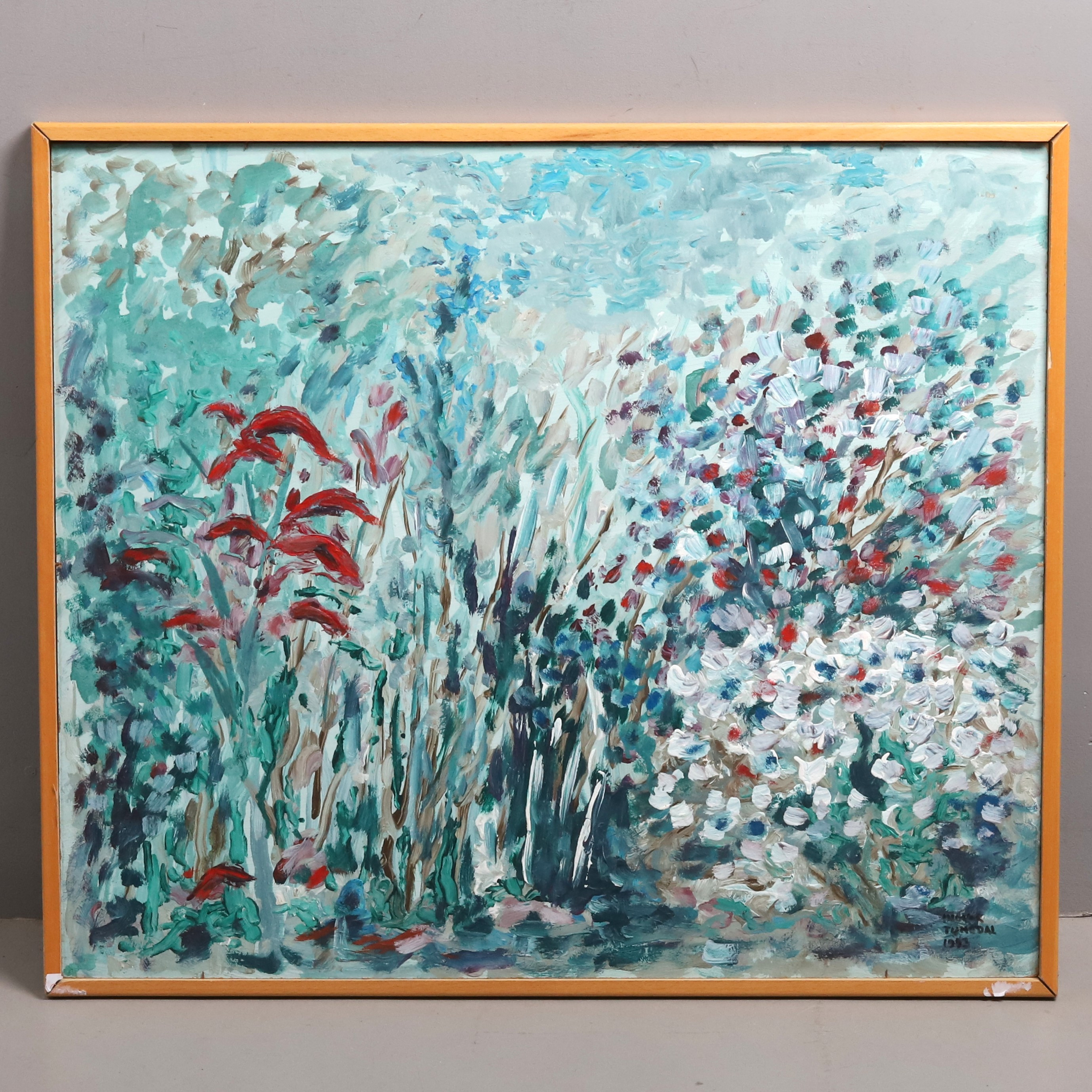 OIDENTIFIERAD KONSTNÄR. Olja på pannå, "Blomster", signerad Ingvar Tunedal, -1993.