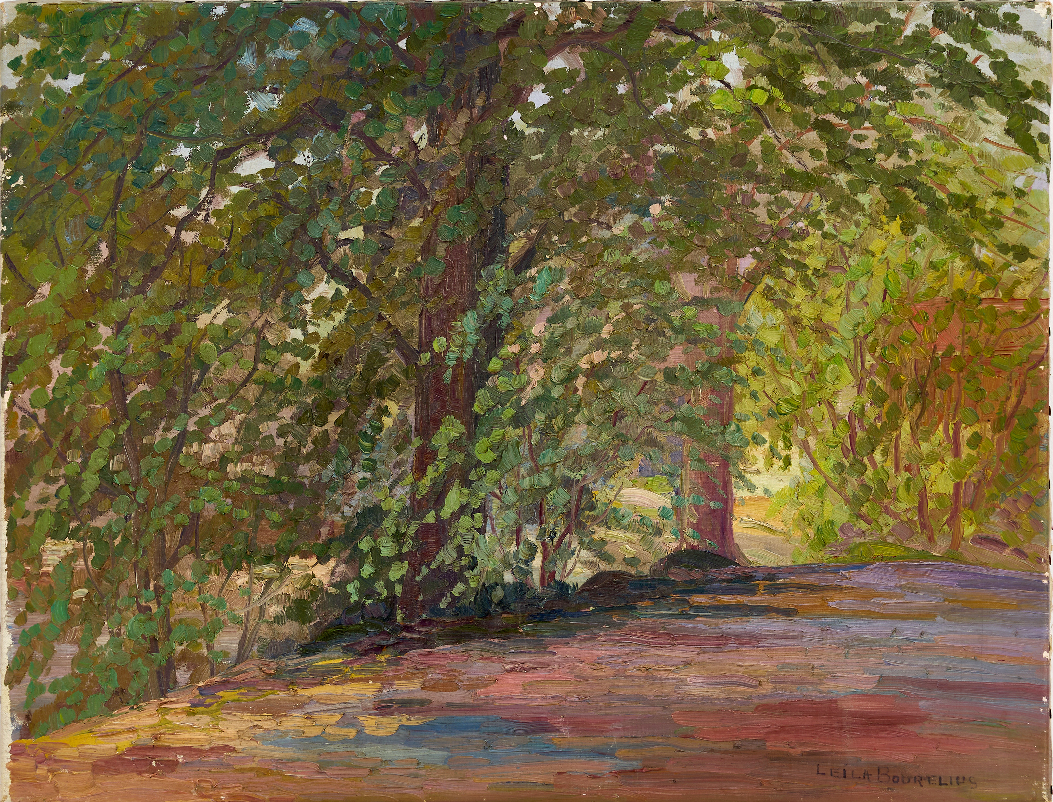 LEILA BOURELIUS (1914-1998): Landskap med träd, signerad Leila Bourelius, olja på duk.
