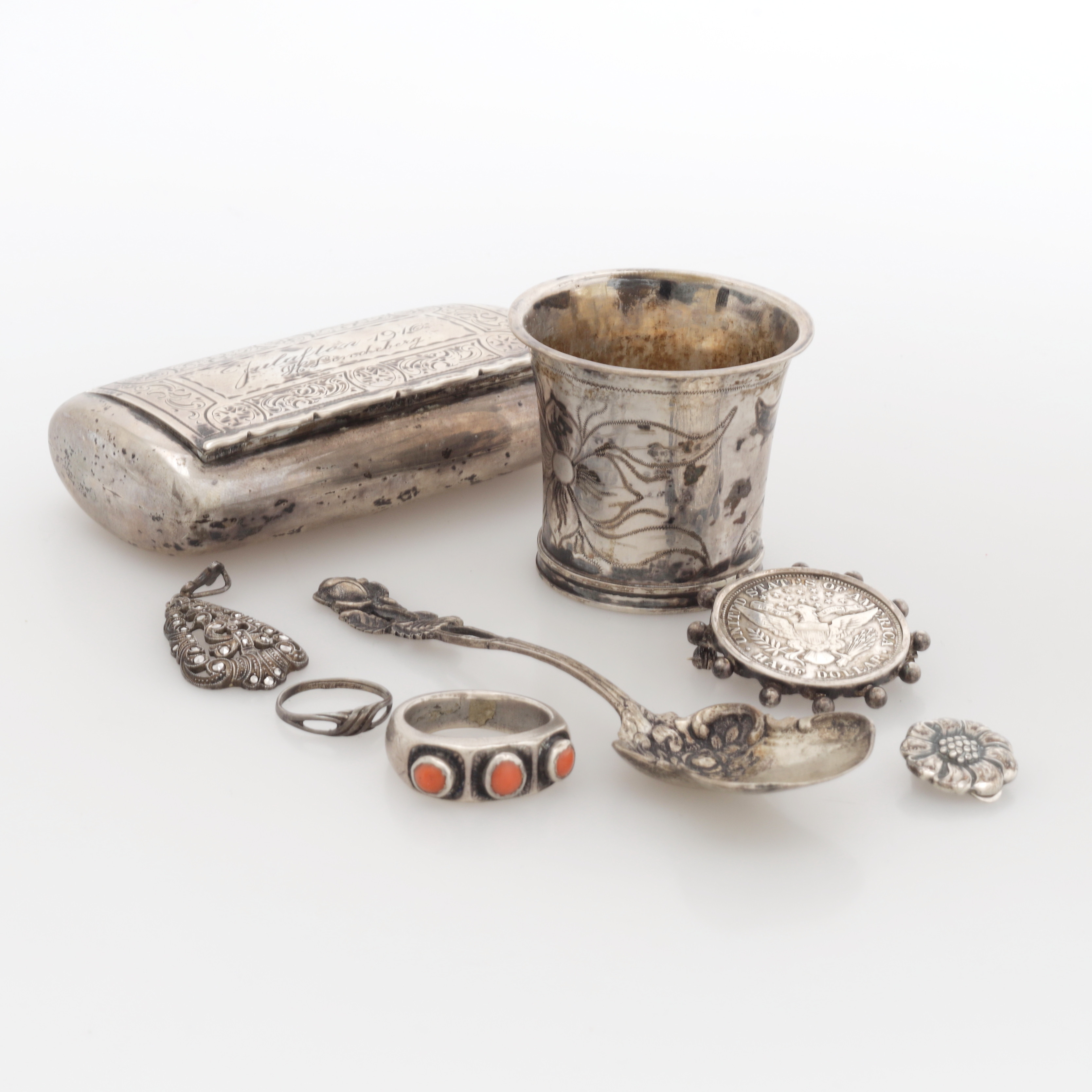 DOSA, BÄGARE, SKED, RINGAR mm, 8 delar, silver, totalvikt 160 gram.