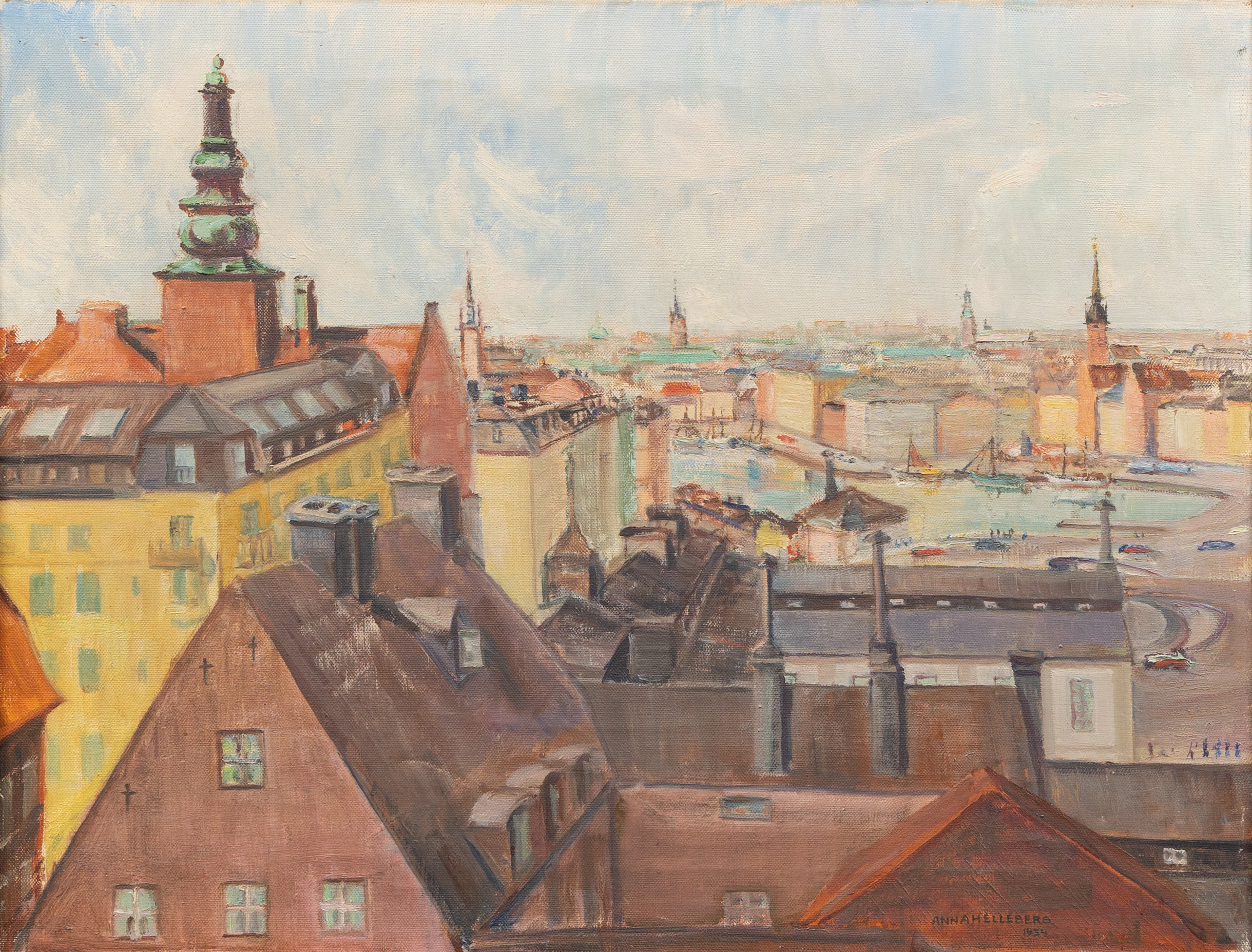 ANNA HELLEBERG (1874-1964). Motiv vid Slussen i Stockholm, olja på duk, signerad och daterad 1939.