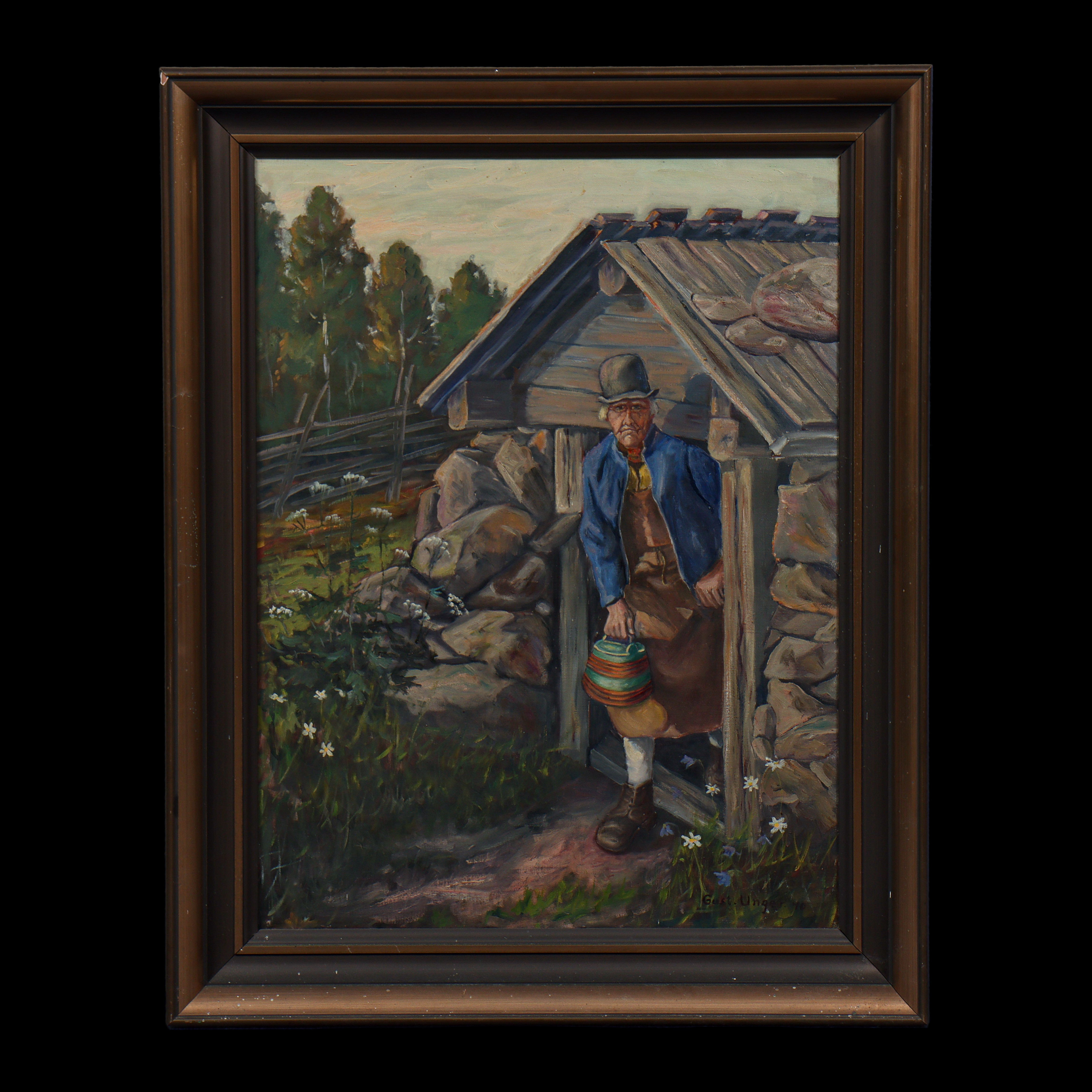 GUSTAF UNGER "GUBBE FRÅN MORA, DALARNA" OLJA PÅ DUK, SIGNERAD, DATERAD 40.