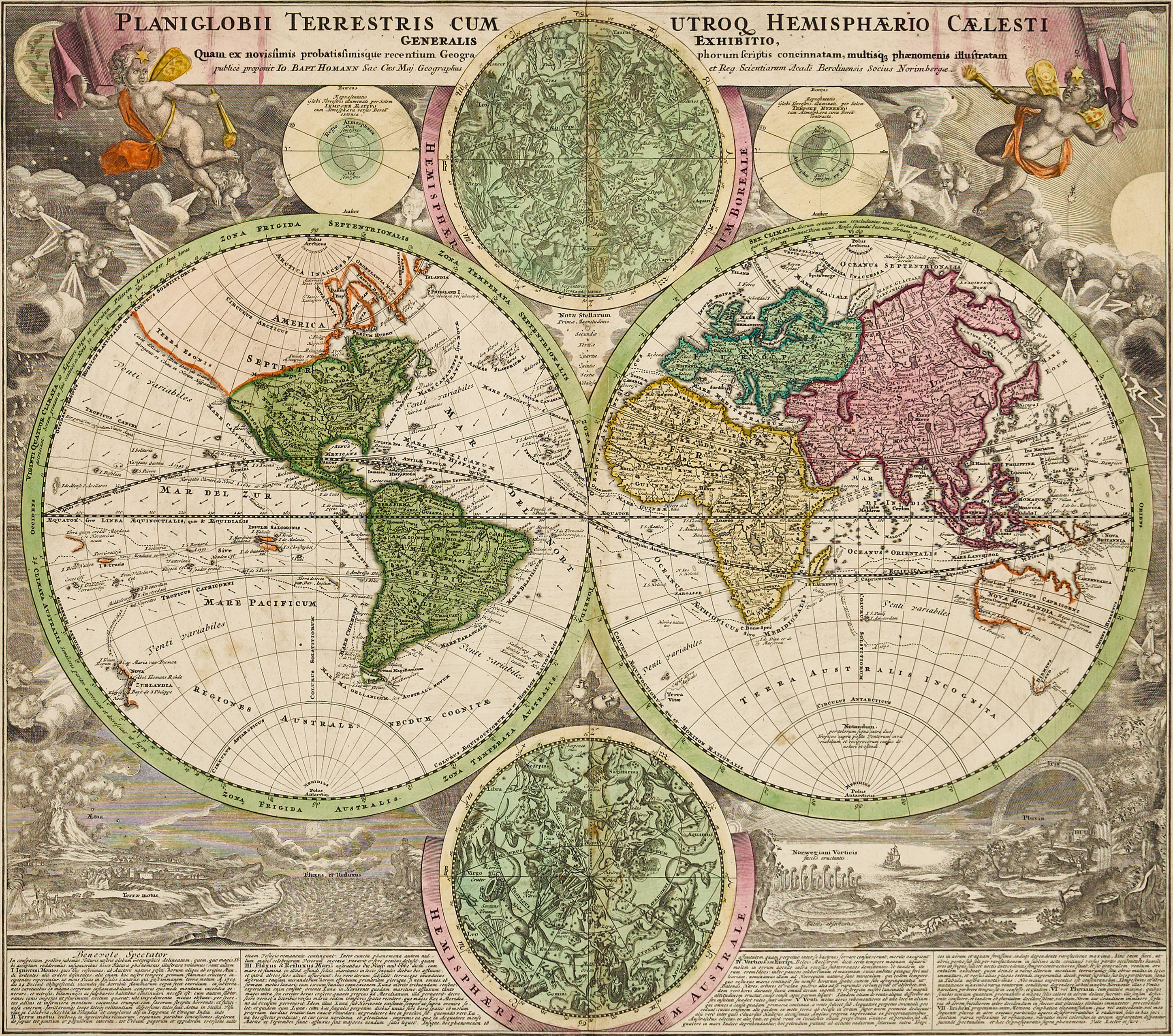 HOMANN, Planiglobi Terrestris Cum Utroq Hemisphærio Cælesti Generalis Exhibitio, Nürnberg ca 1720.