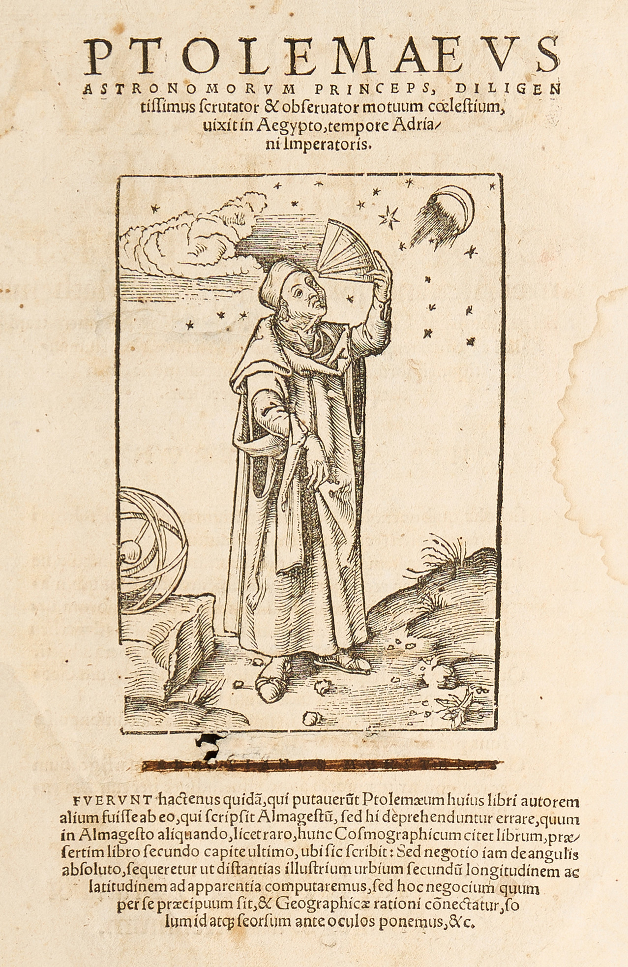 MÜNSTER, porträtt av kartografen, astronomen och matematikern Ptolemaius, träsnitt ca 1542-1552.