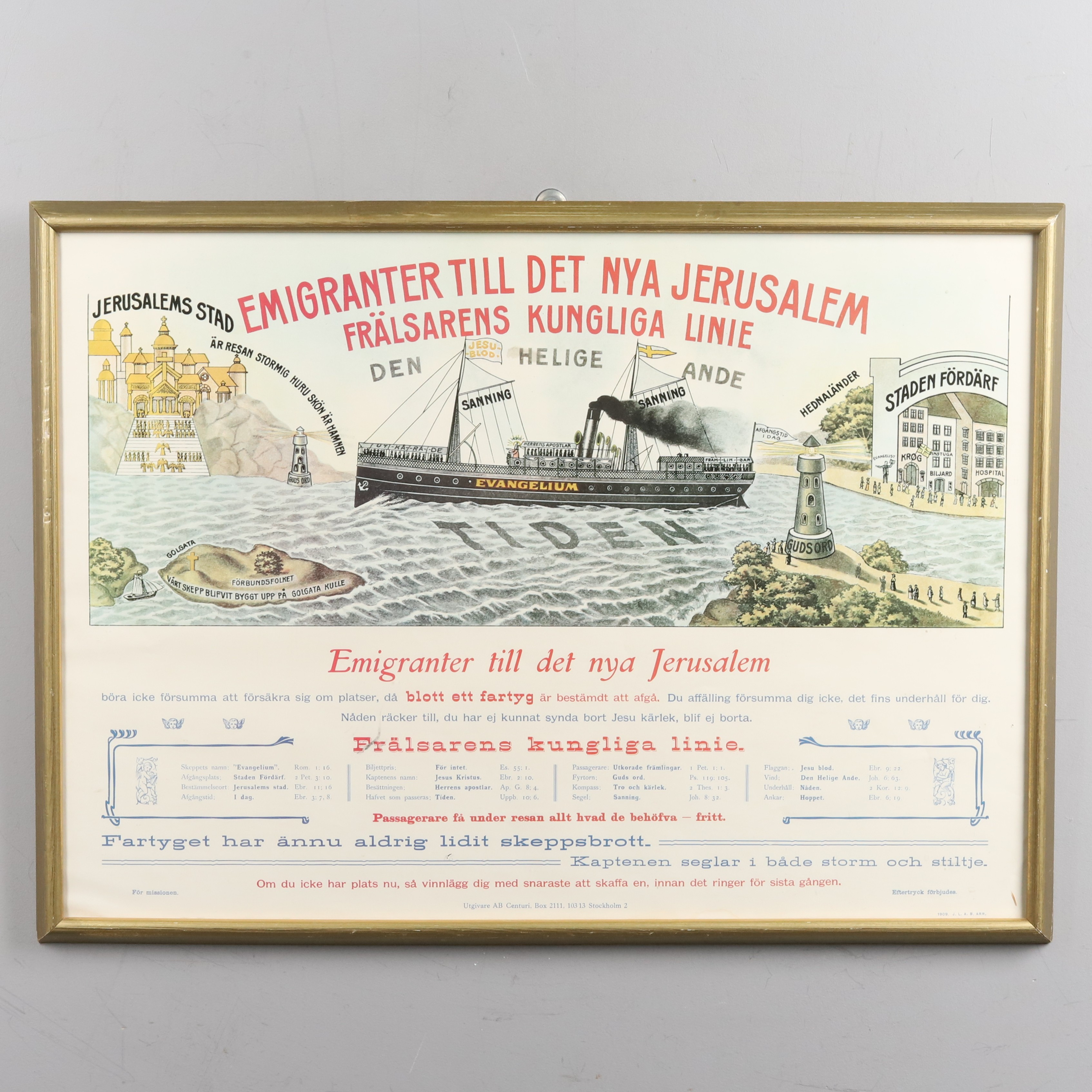 GRAFISKT BLAD "Emigranter till det nya Jerusalem Frälsarens Kungliga linie", tryckt 1909.