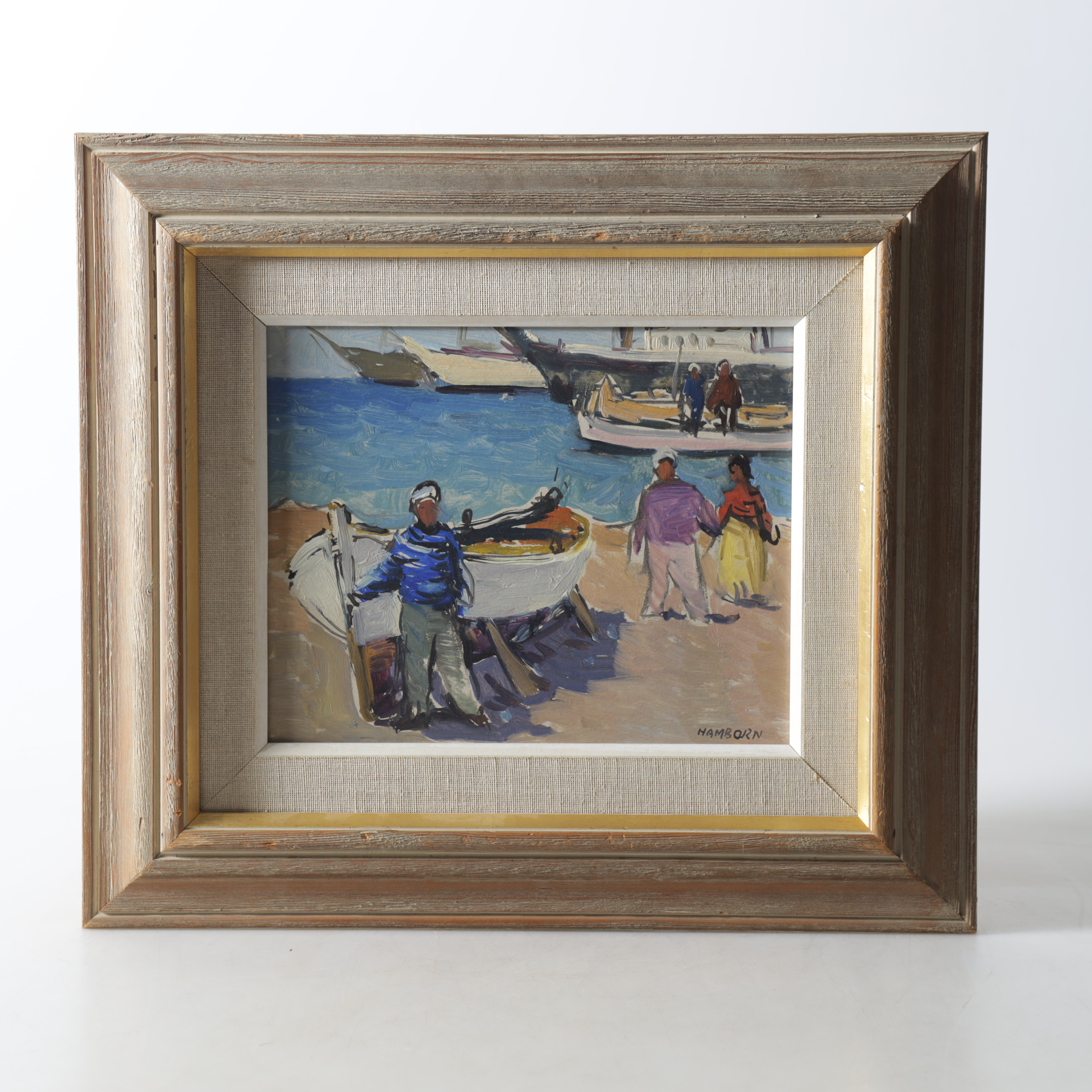 AXEL HAMBORN. "Båten målas", olja på pannå, signerad, 1960-tal.