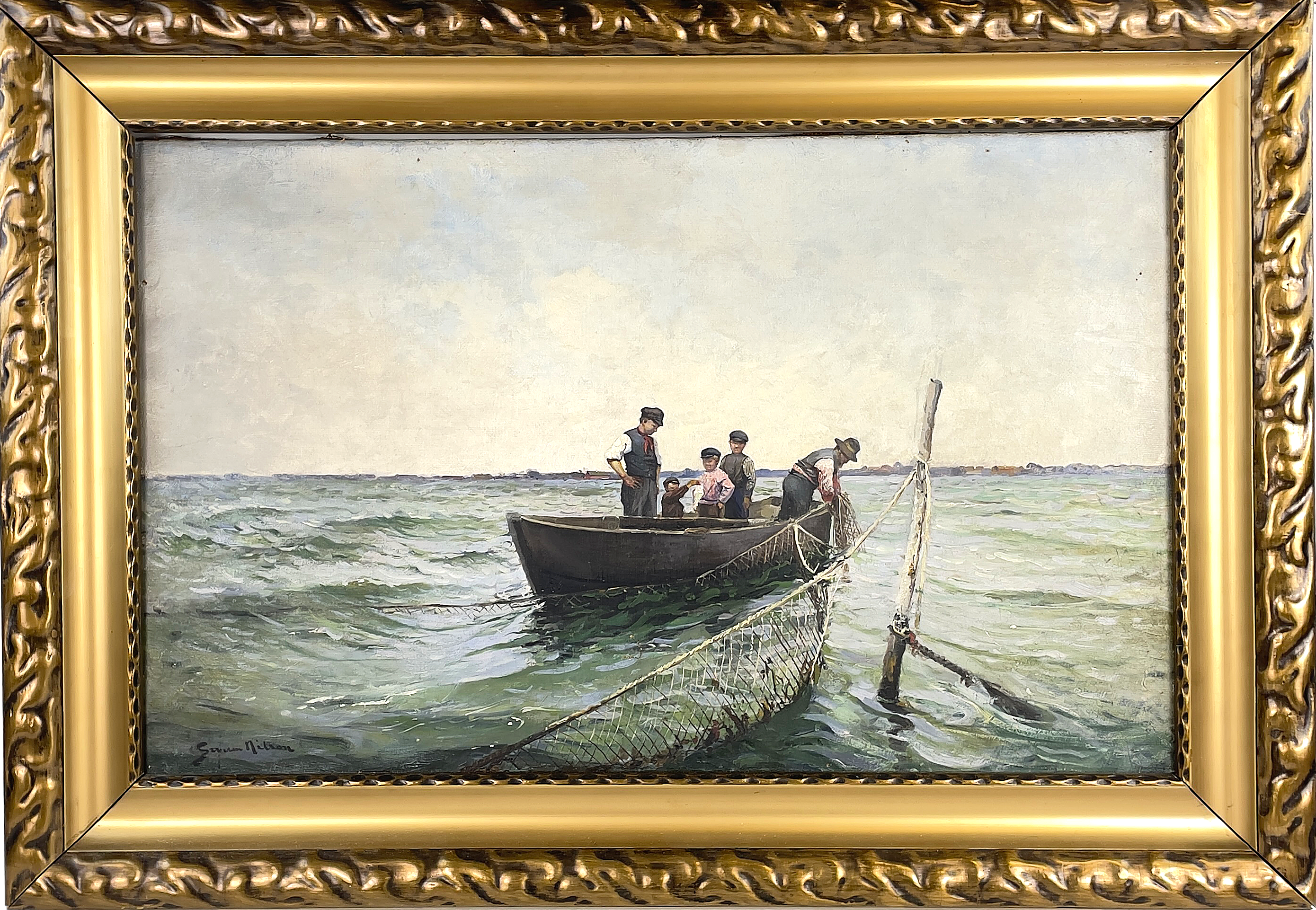 SEVERIN NILSSON (1846-1918). Fiskare i eka, olja på duk, signerad.
