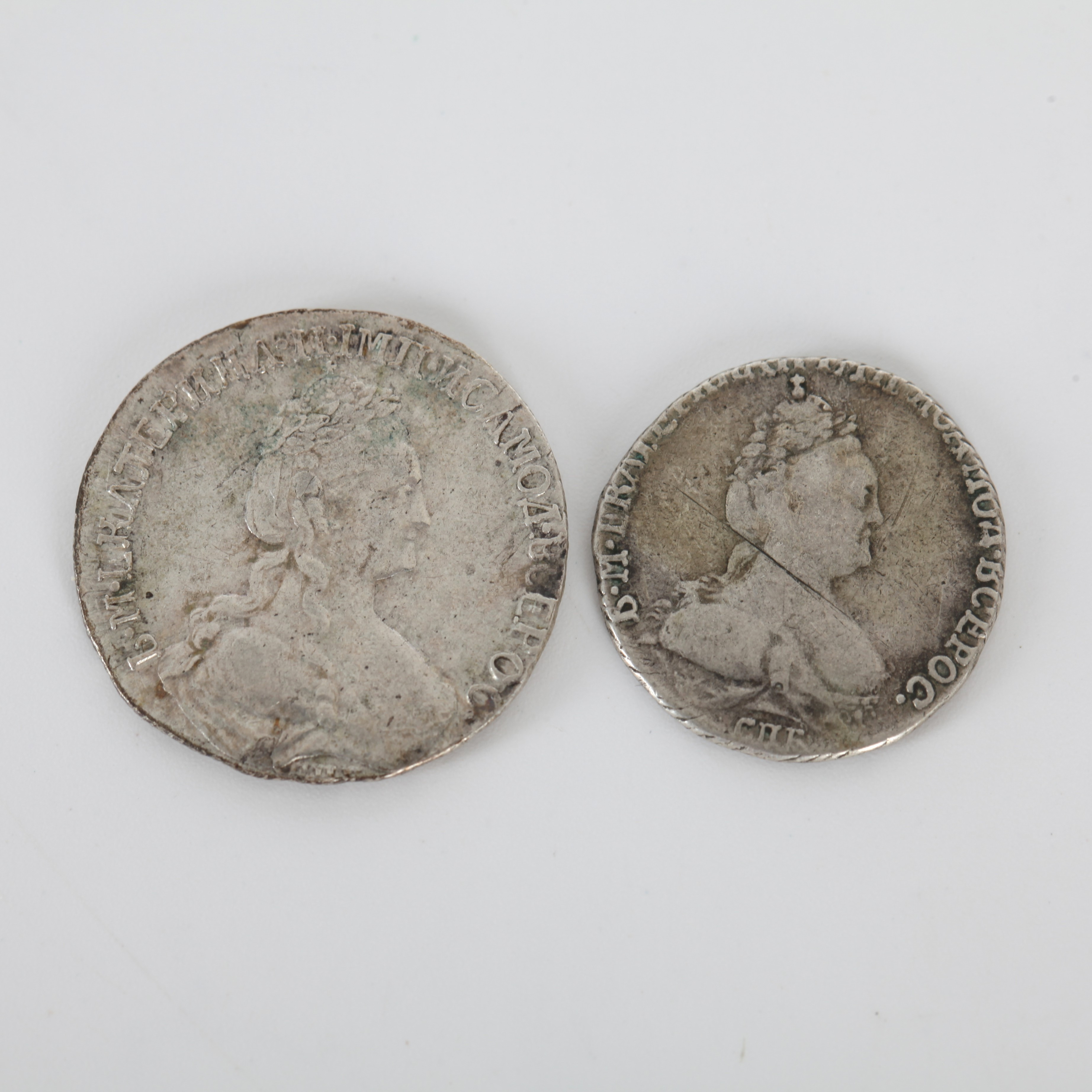SILVERMYNT, 2 st 15 Kopek 1779 samt 10 Kopek 1785, Katarina II, Ryssland.