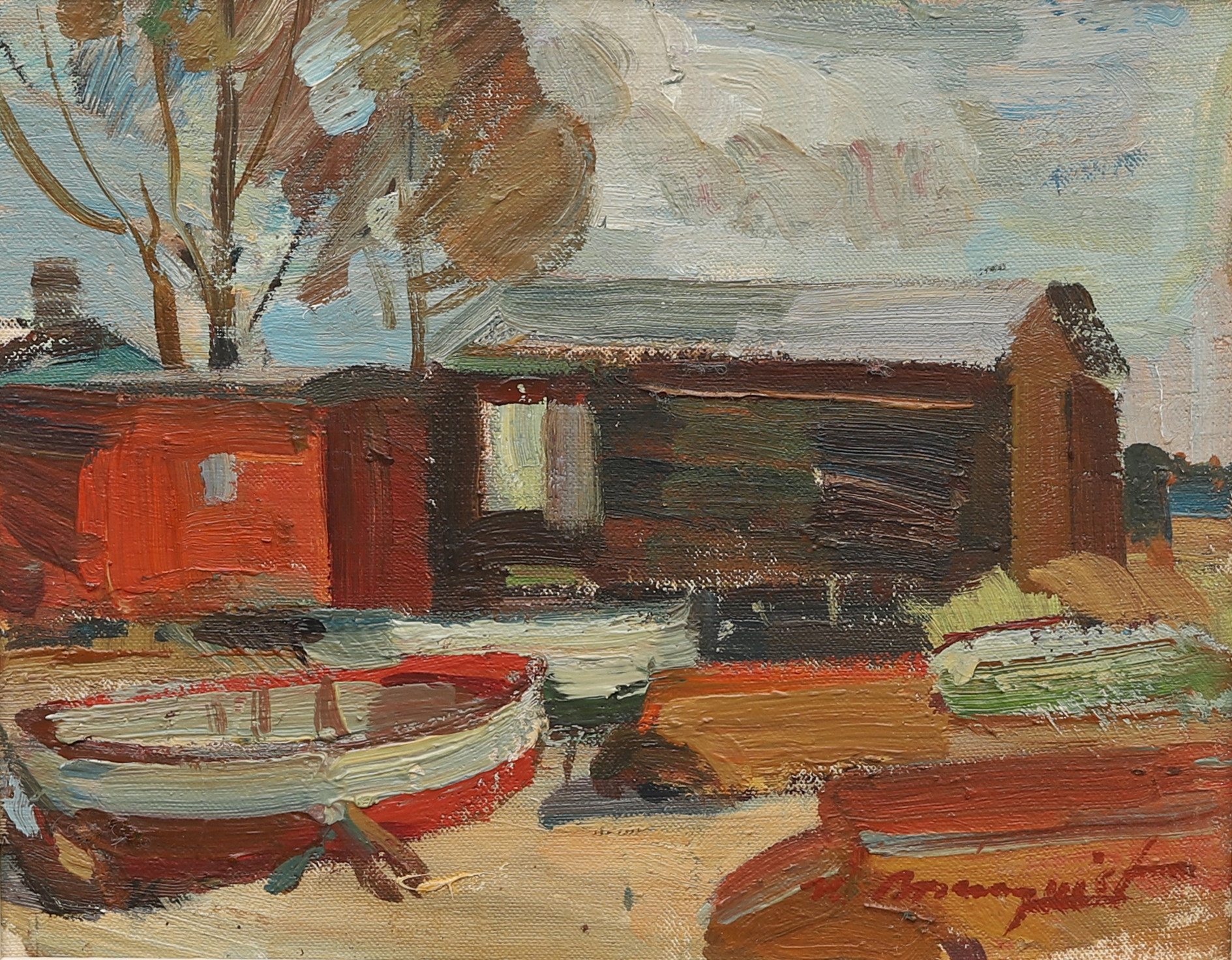 HANS ROSENQUIST. Roddbåt på land, signerad.