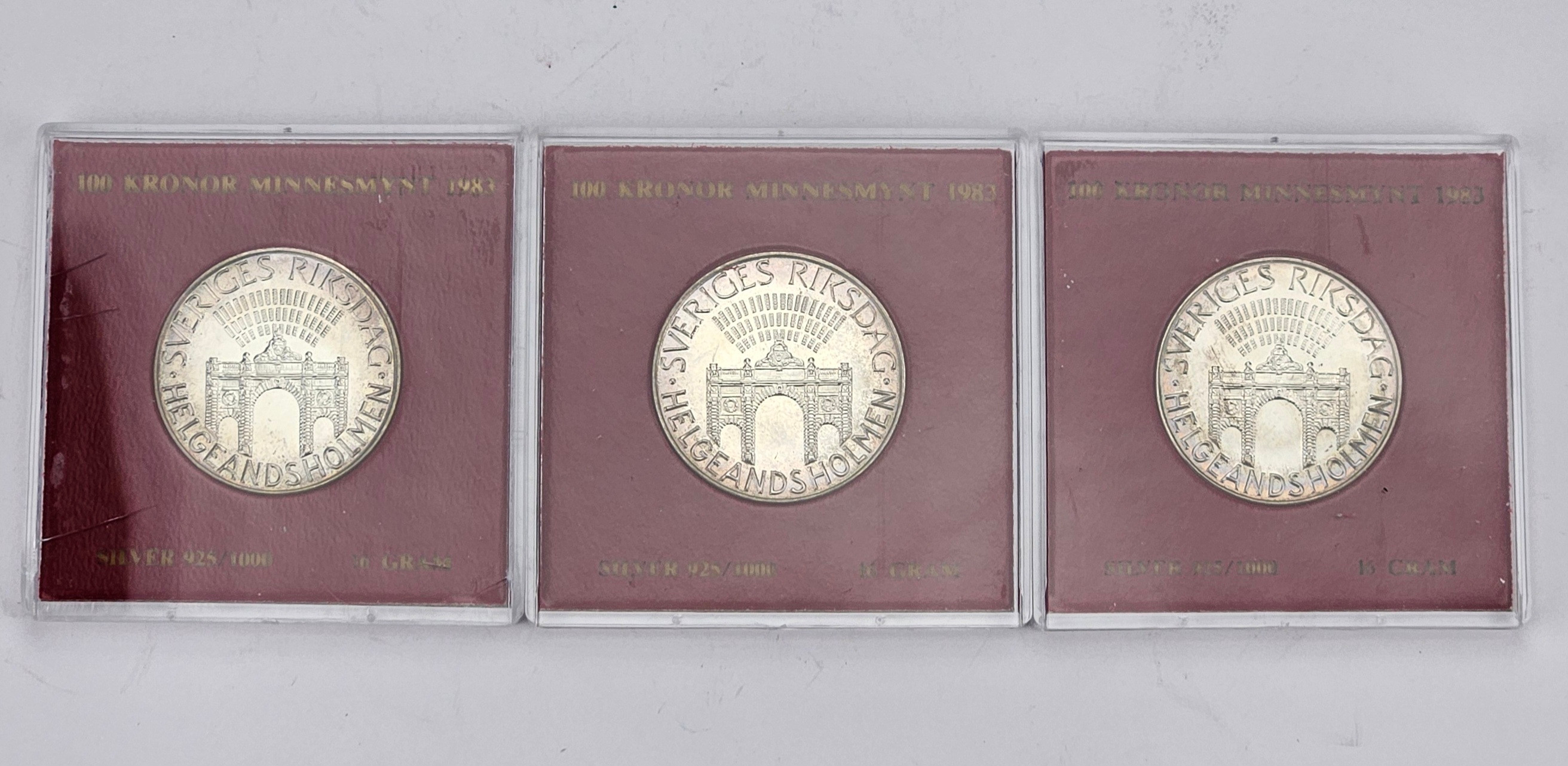 MINNESMYNT, 3 st, silver, 92,5%, 100 kronor, Sverige 1983.