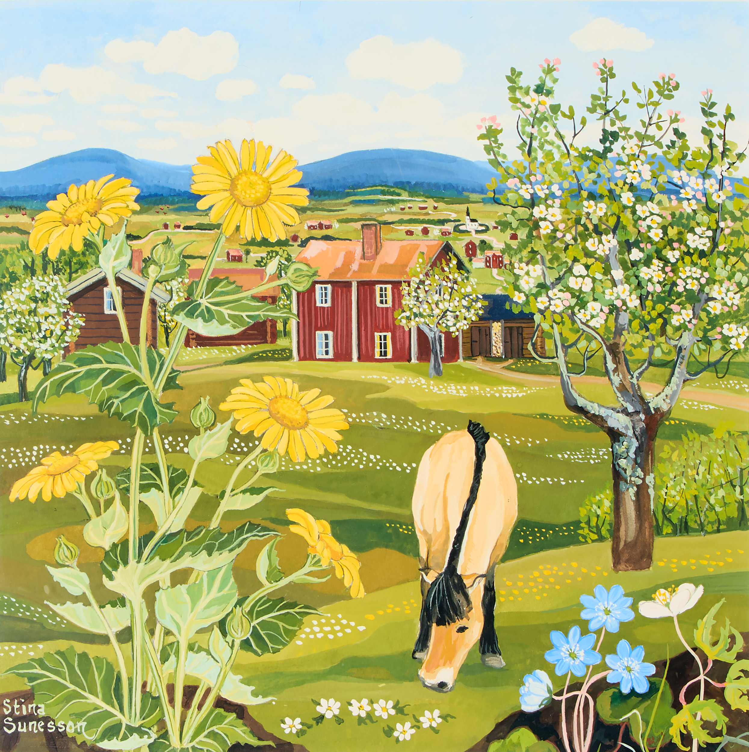 STINA SUNESSON. Sommarlandskap med betande häst, motiv från Tällberg.