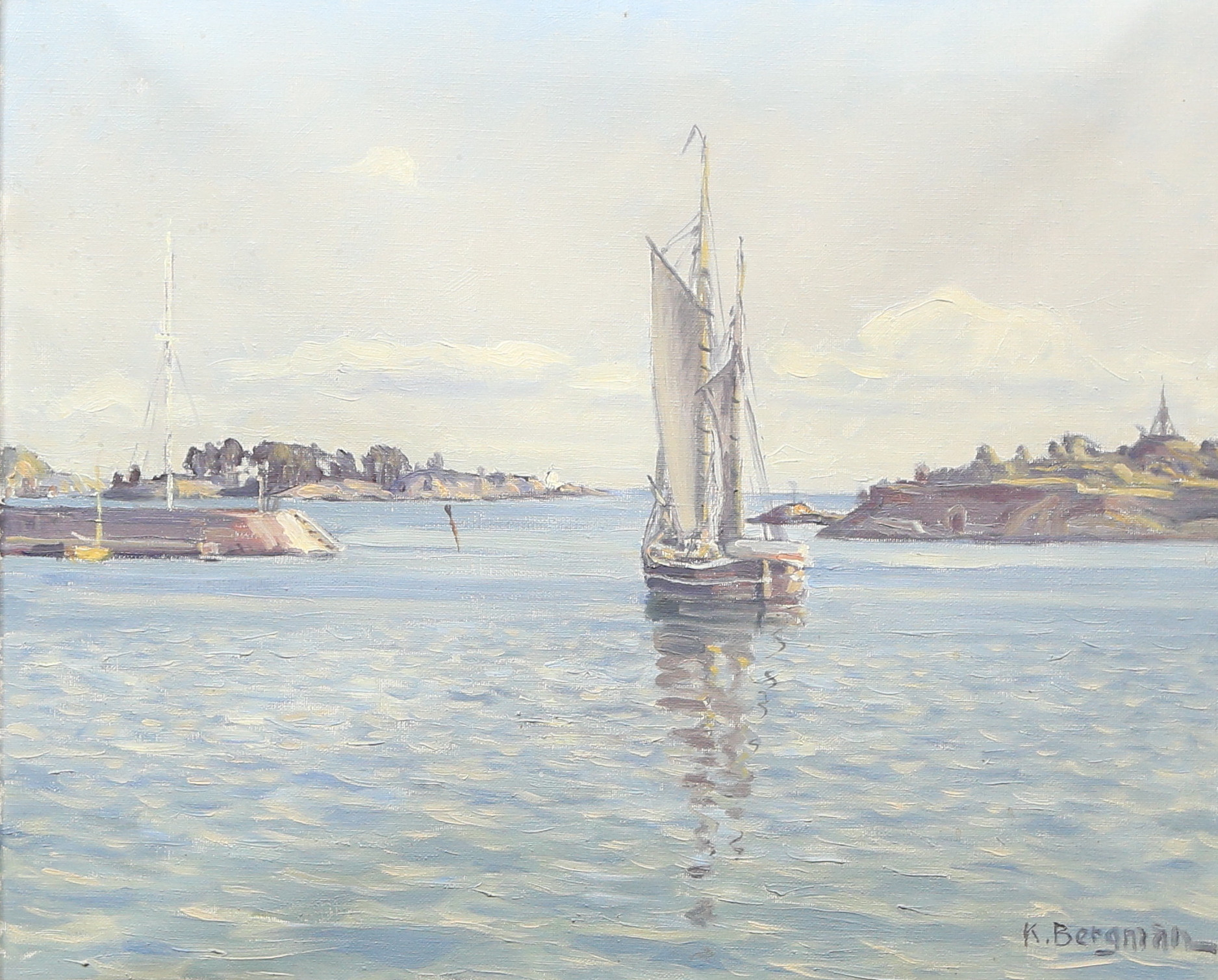 KARL BERGMAN. olja på duk, skärgårdsmotiv med skepp, signerad.