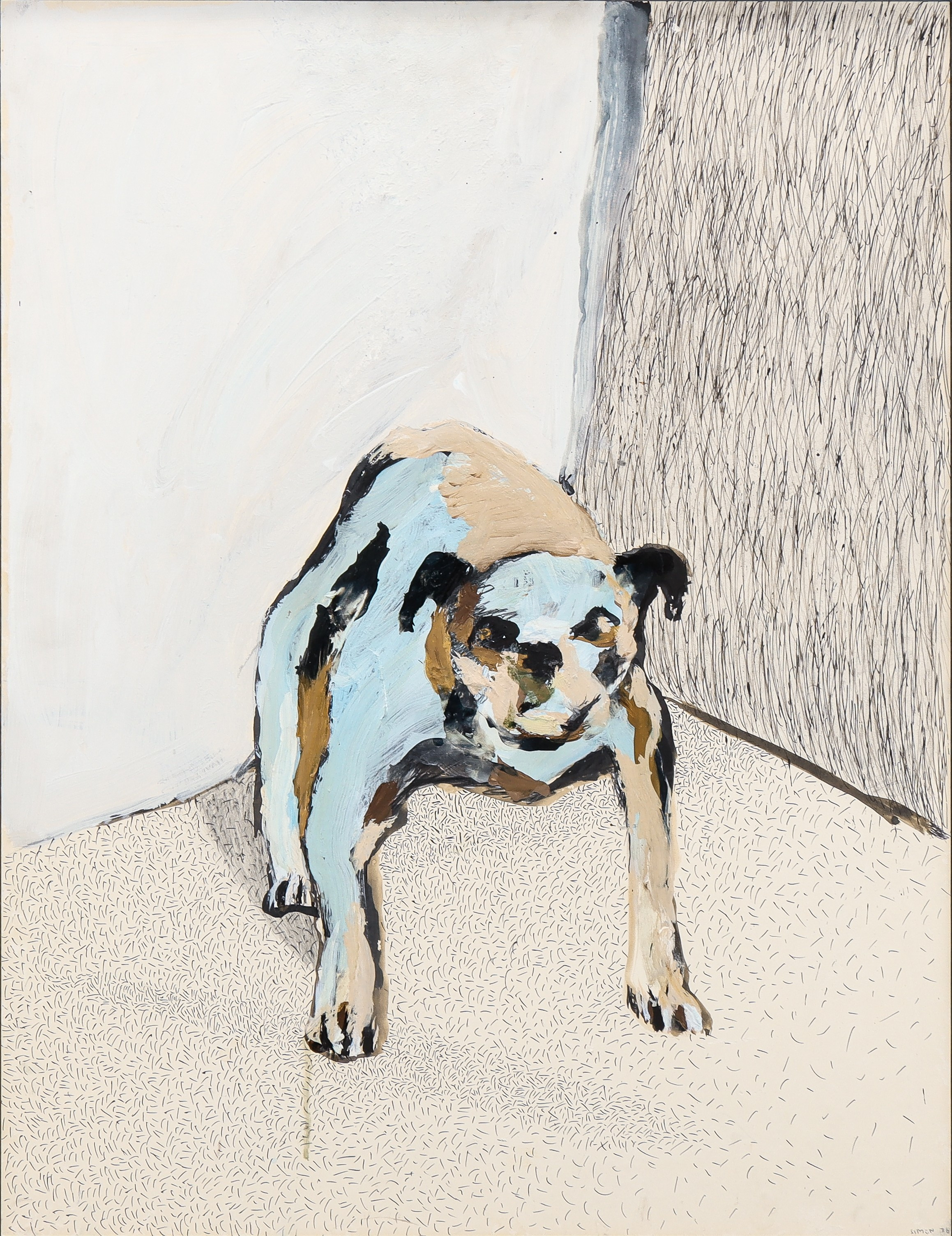 SIMON ARNE. 1953-. Blandteknik på papper uppsatt på pannå, "HUND", signerad och daterad 1976.