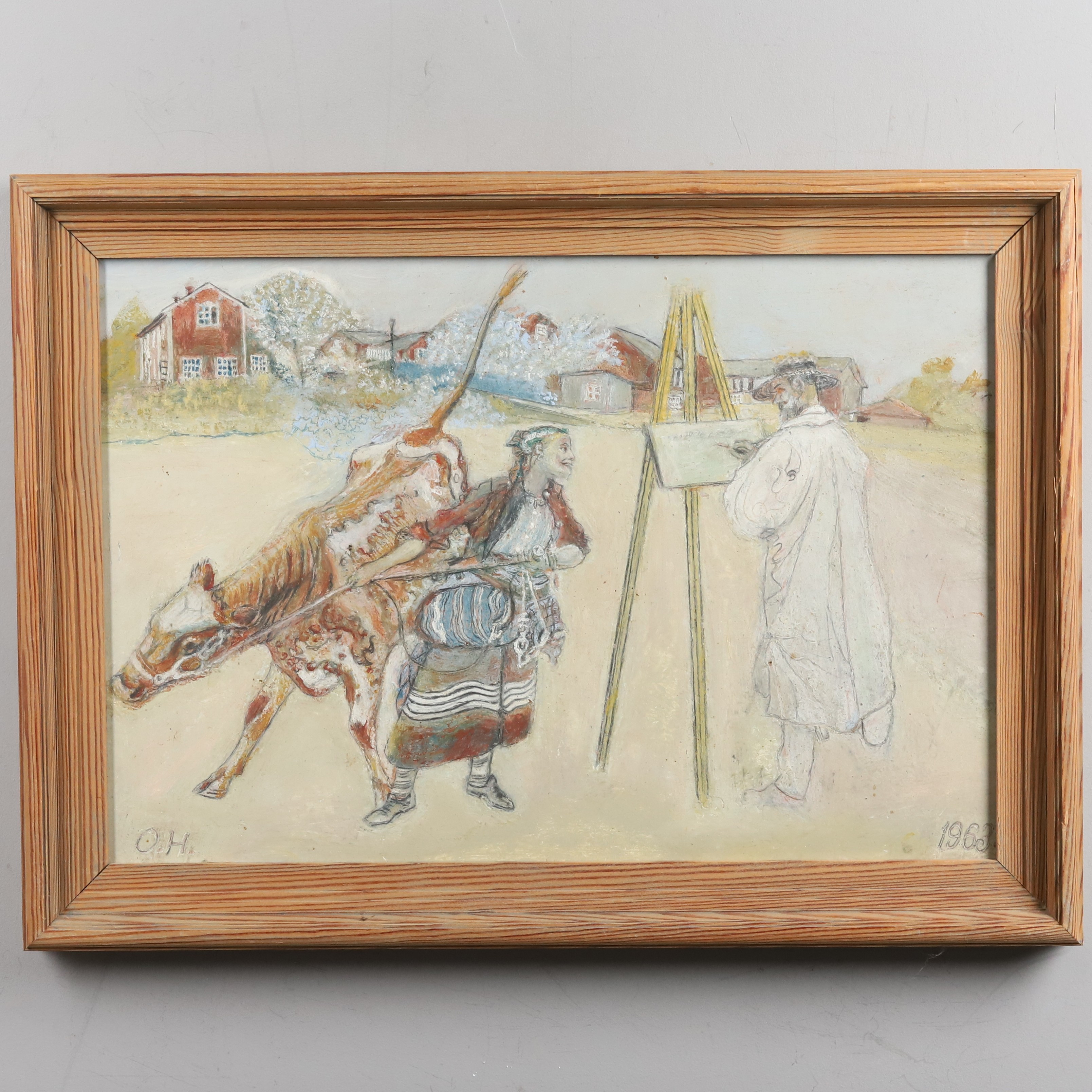 OIDENTIFIERAD KONSTNÄR. Blandteknik på pannå. EFTER Carl Larsson, monogramsignerad O.H -1969.