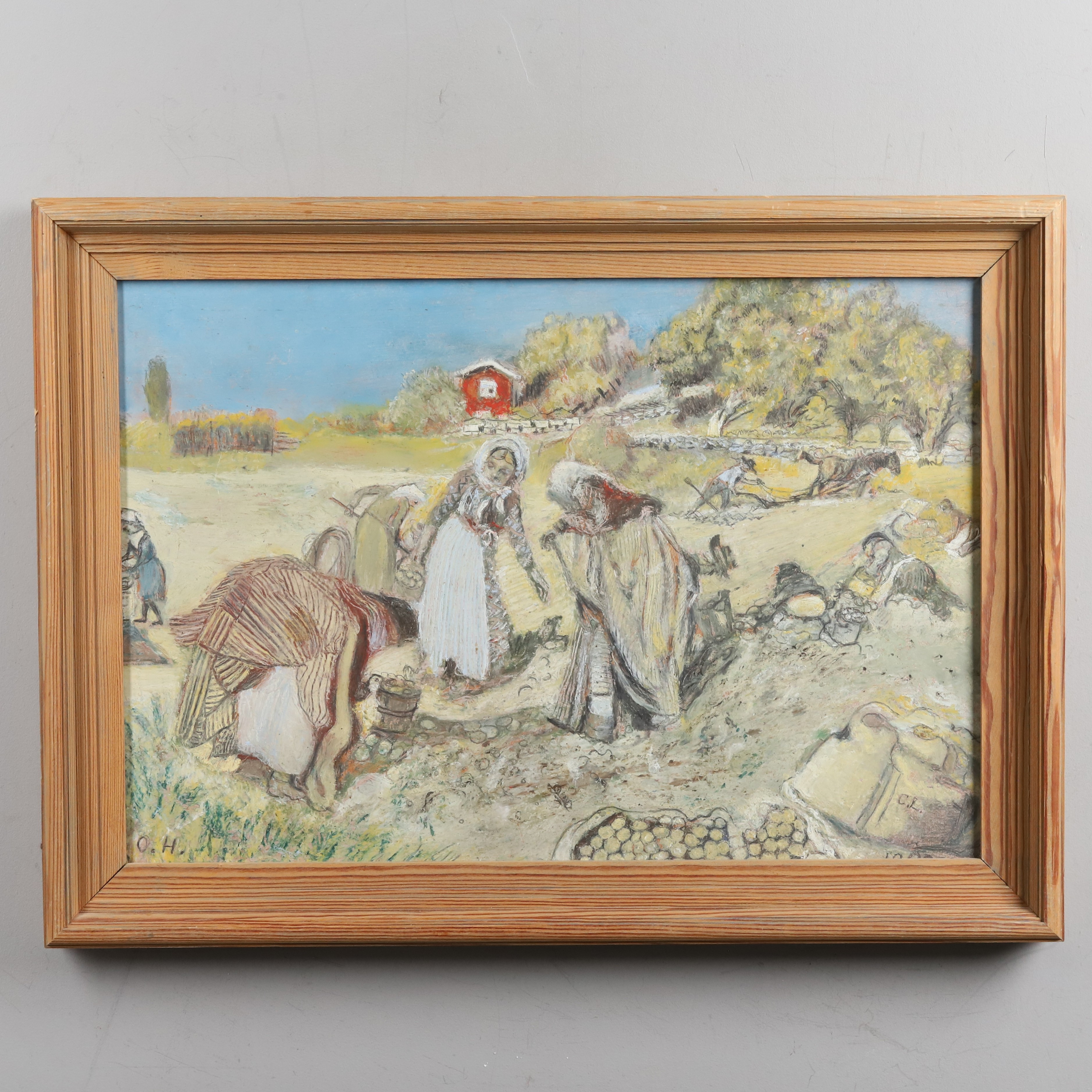 OIDENTIFIERAD KONSTNÄR. Blandteknik på pannå. "Potatisplock", EFTER Carl Larsson, monogramsignerad O.H.