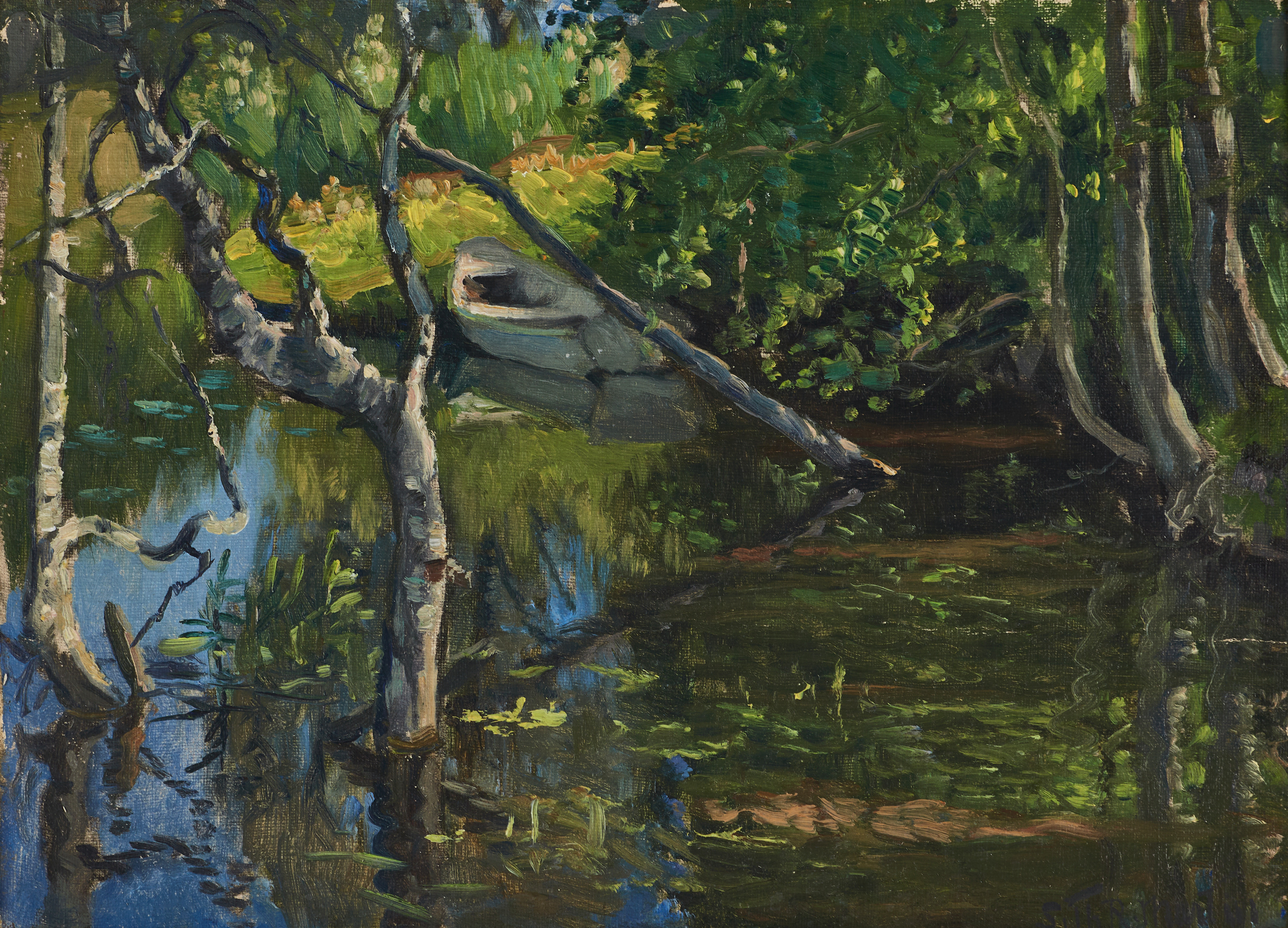 SETH ROLAND MARTIN (1886-1925). "Sommardag vid ån, Kungsgården, Gästrikland", signerad, olja på duk fäst på pannå.