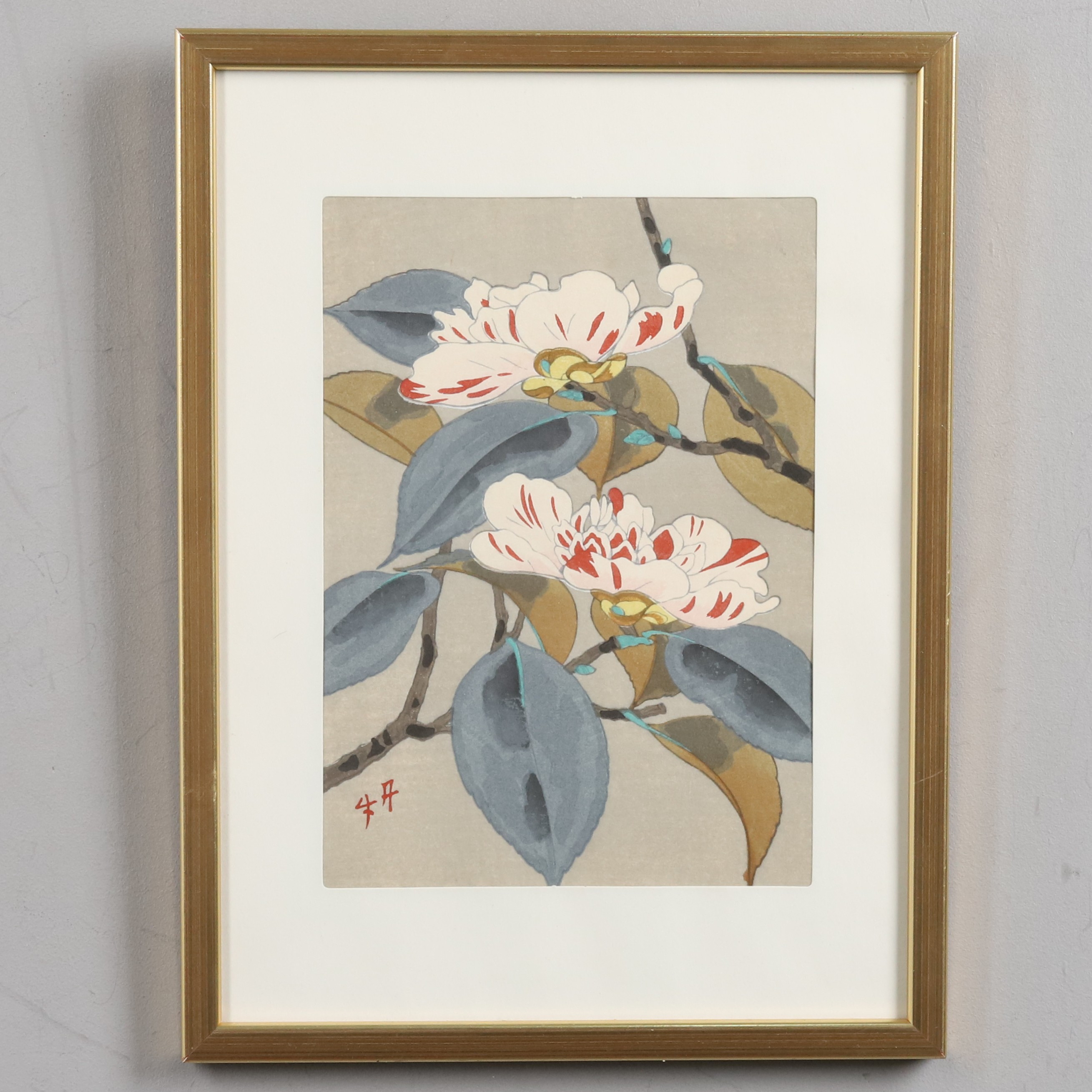 BENJI ASADA. Träsnitt, "Camellia japonica", Japan, 1900-tal.