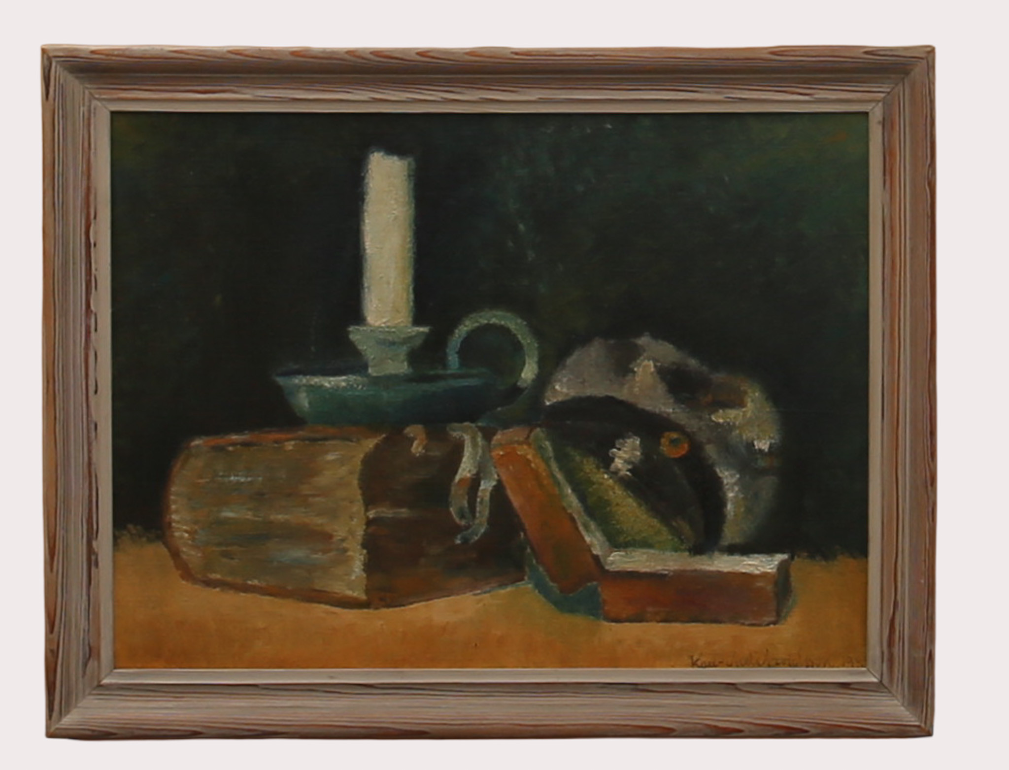 Olja på pannå, stilleben med ljus och böcker, signerad Karl Axel Arvidsson, daterad 1937.