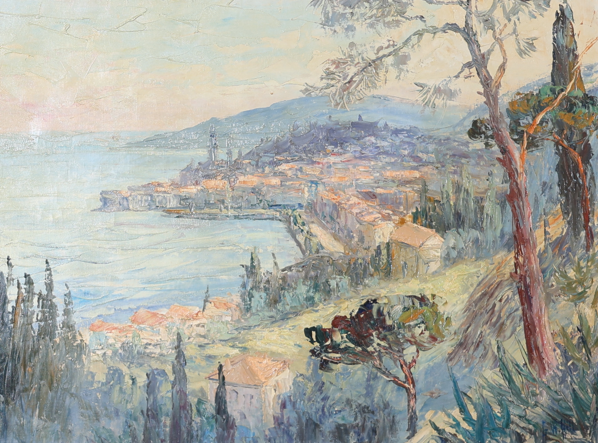G.W HILL. "Ved den franska Riviera, udsigt over Menton Aftensol", olja på duk, signerad.