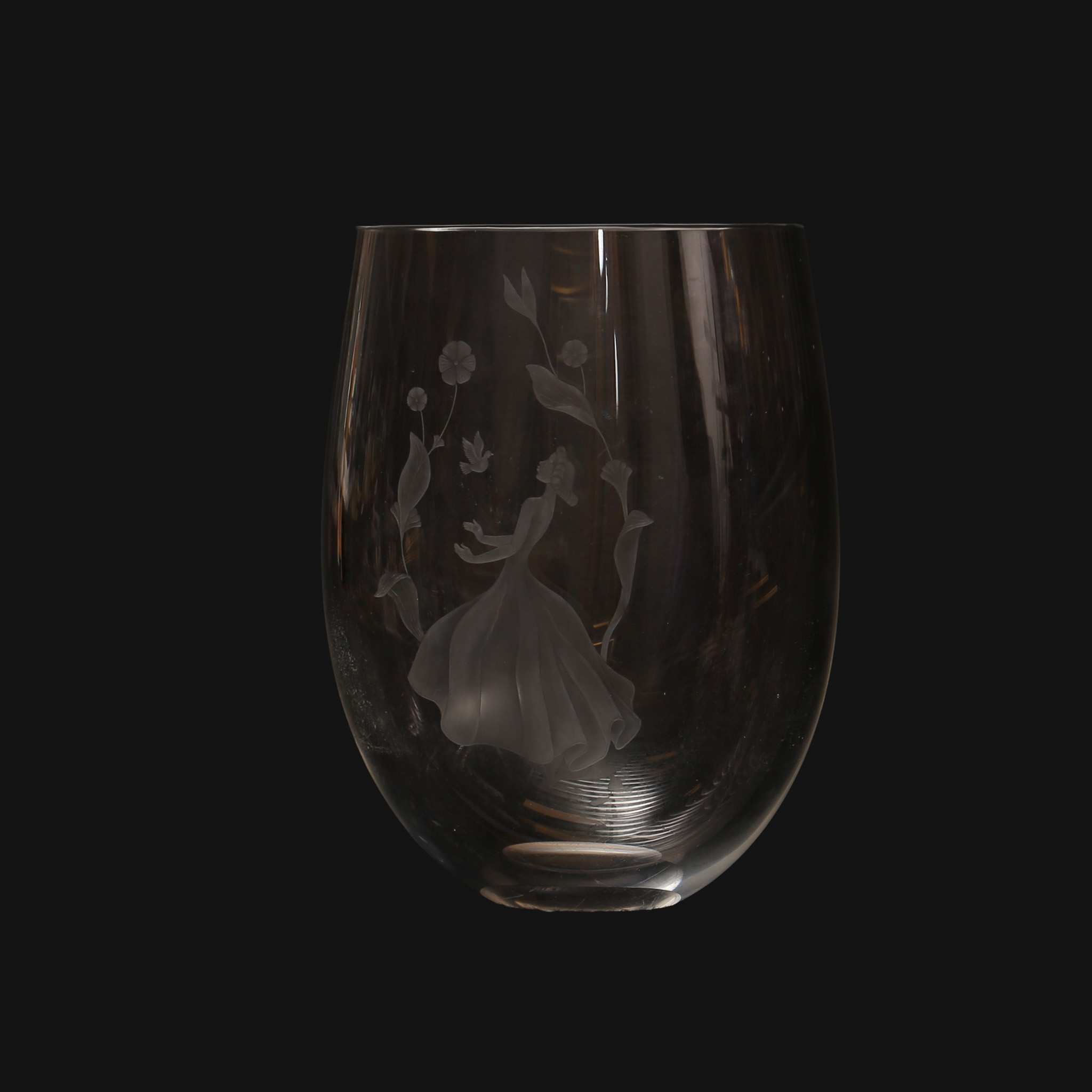 VAS, glas, motiv, kvinna och fågel, bland blomster. 1900-talets tredje fjärdedel.