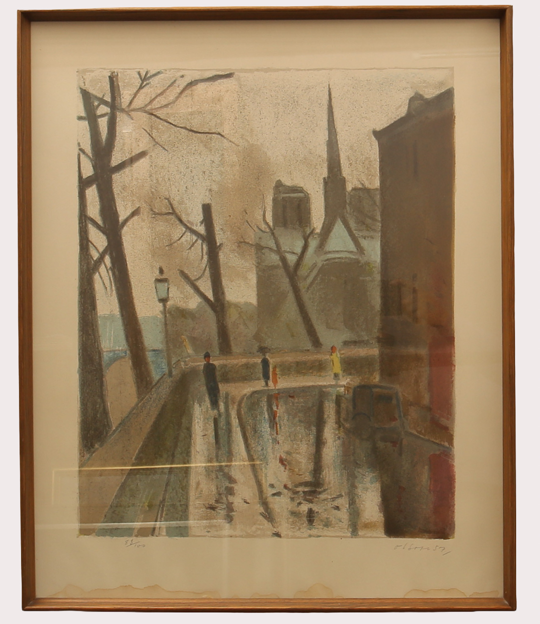 OVE OLSON. Färglitografi, promenad i Paris, numrerad 83/100, signerad, daterad 1957.