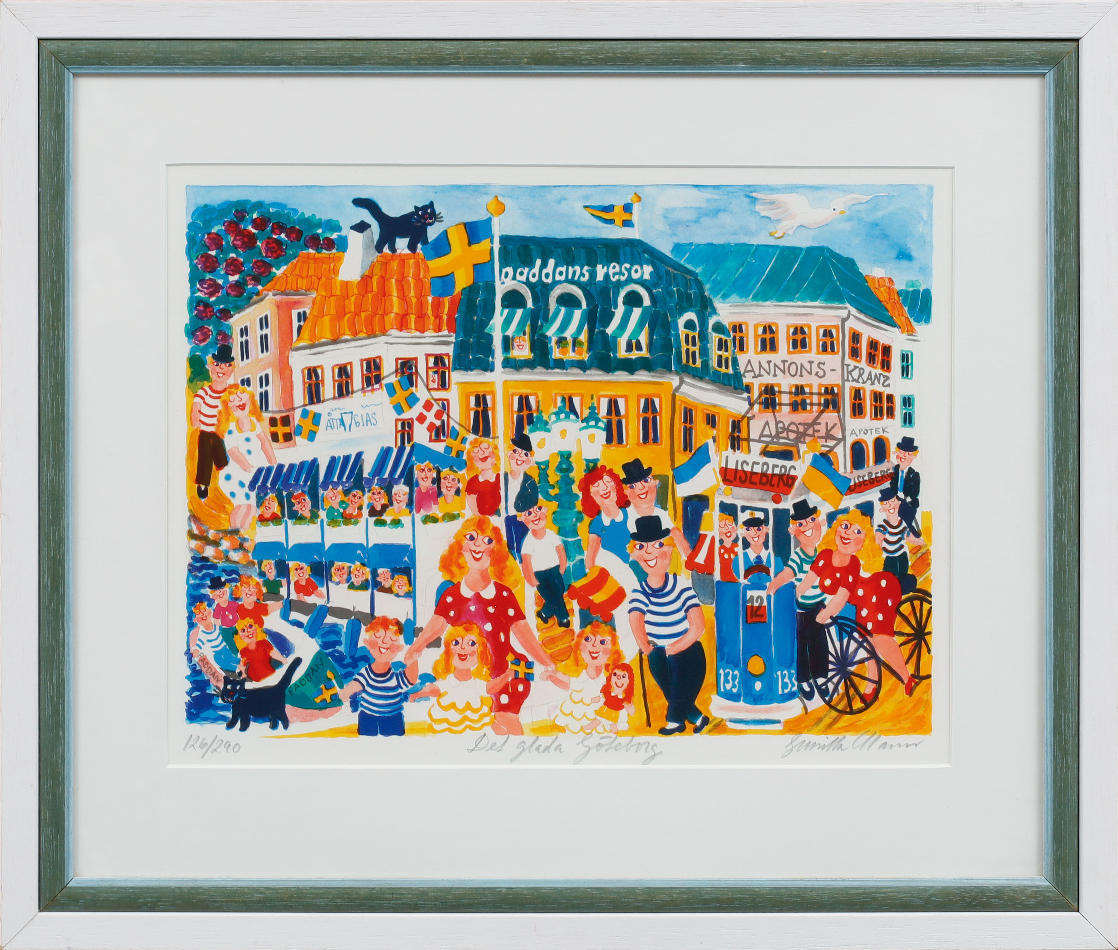 GUNILLA MANN. "Det glada Göteborg", färglitografi, signerad samt numrerad 126/290.