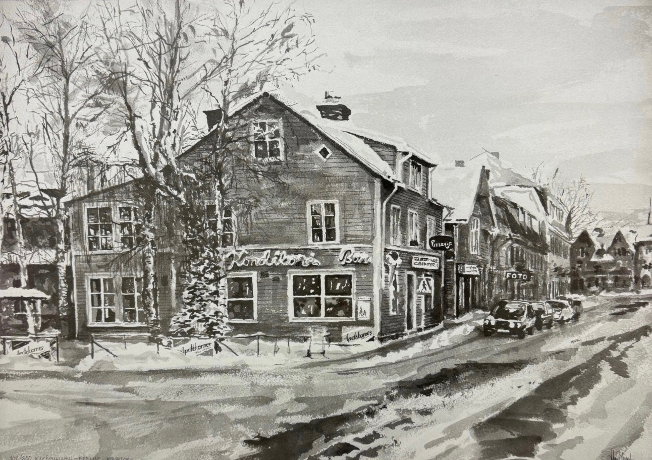 OIDENTIFIERAD KONSTNÄR. LITTOGRAFI - 102/200 , Frelins Café Orsa.