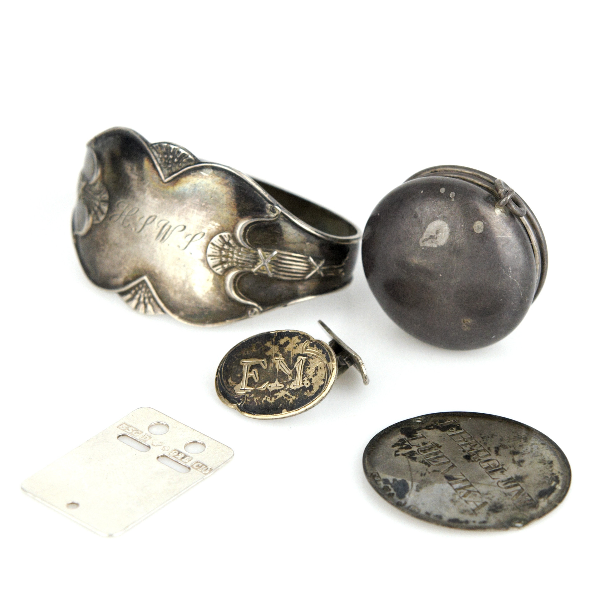 SKROTSILVER, 5 delar, udda, gravyr, silver.