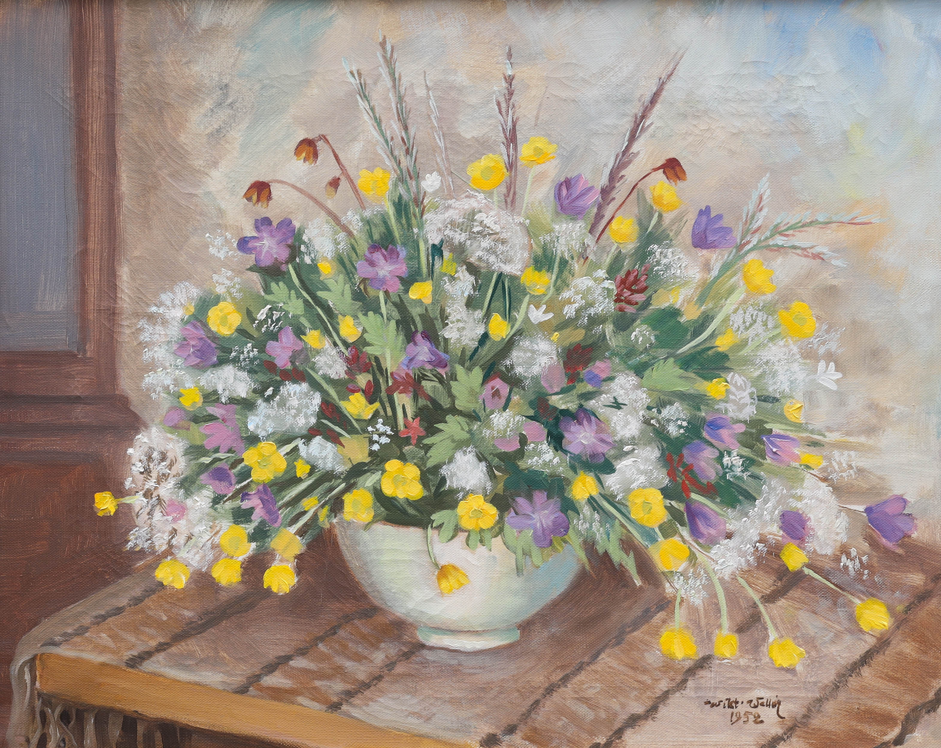 OIDENTIFIERAD KONSTNÄR. olja på duk, stillben med blomsterbukett, signerad, daterad 1952.