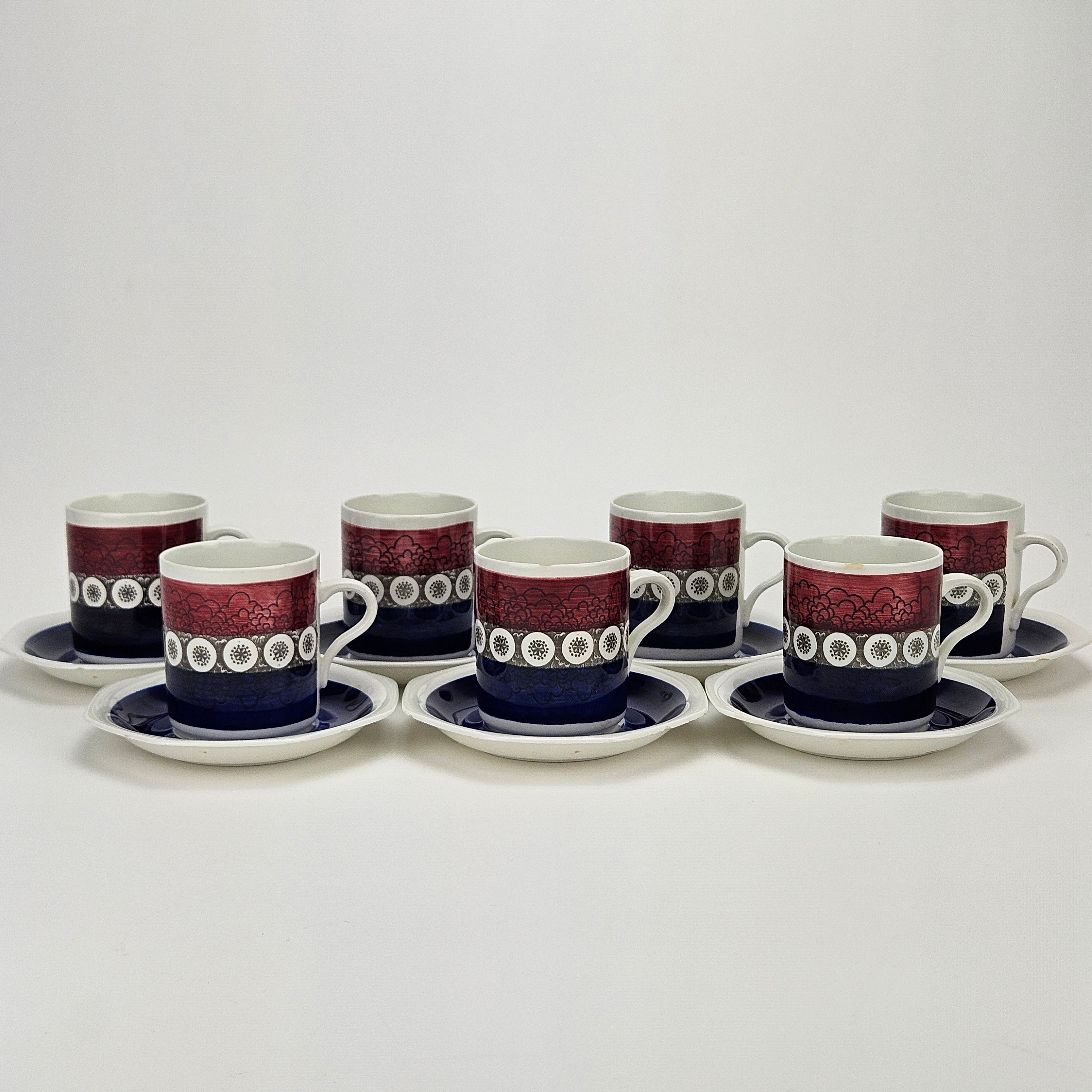 KAFFEKOPPAR MED FAT, 7 st, flintgods, "Kikki", Rörstrand.