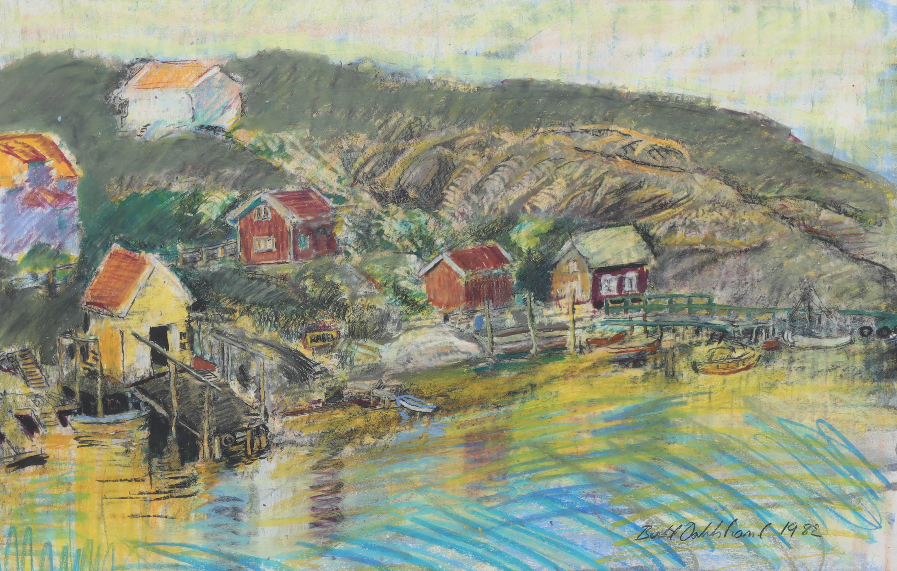 BERTIL DAHLSTRAND. pastell, kustsamhälle, signerad, daterad 1982.