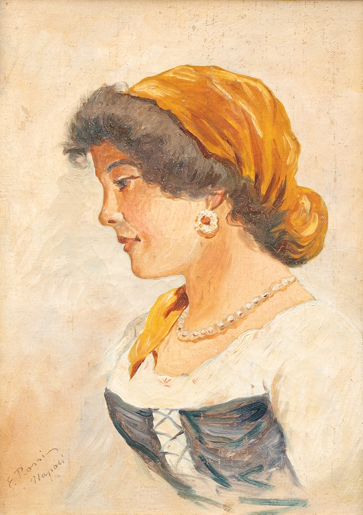 OIDENTIFIERAD KONSTNÄR, (ITALIEN, 1900-TAL). Porträtt av en kvinna, olja på duk, 1900-talets början, signerad E Rossi, Neapel.