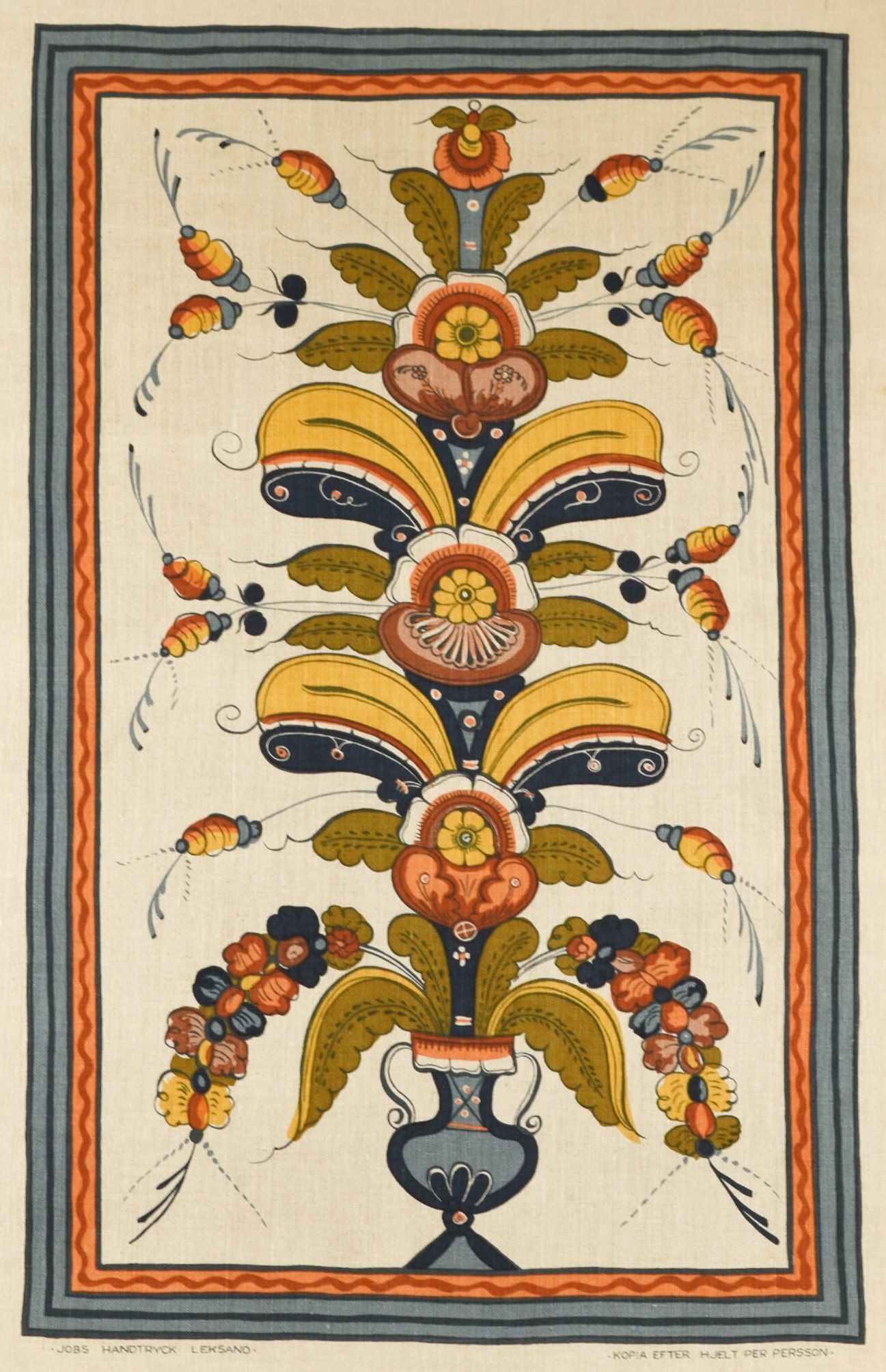 TAVLA HANDTRYCK, textil, kurbits, kopia efter Hjelt Per Perssons målning 1852, Leksand.