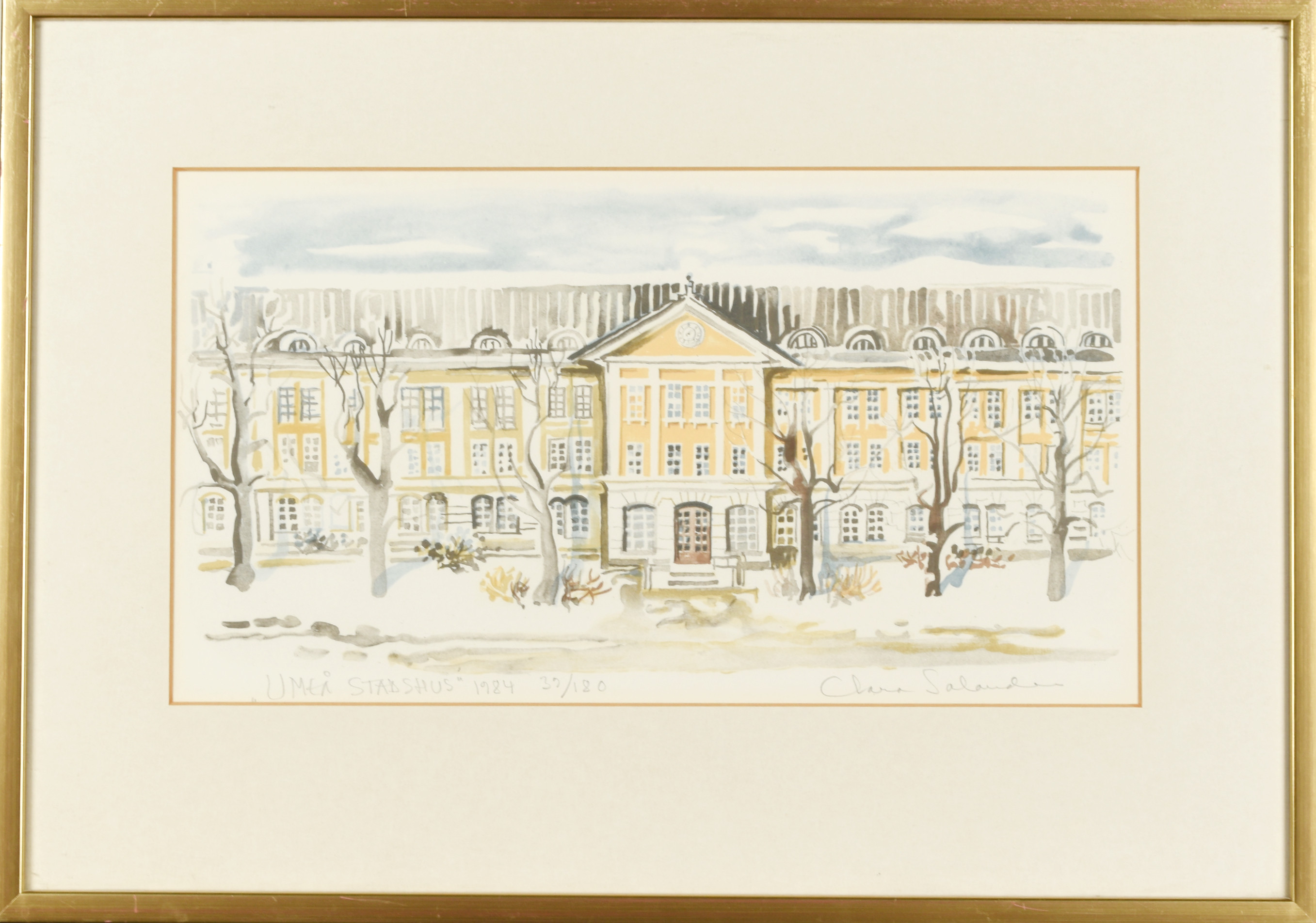 CLARA SALANDER. Färglitografi, "Umeå stadshus" 39/180, Signerad, daterad 1984.