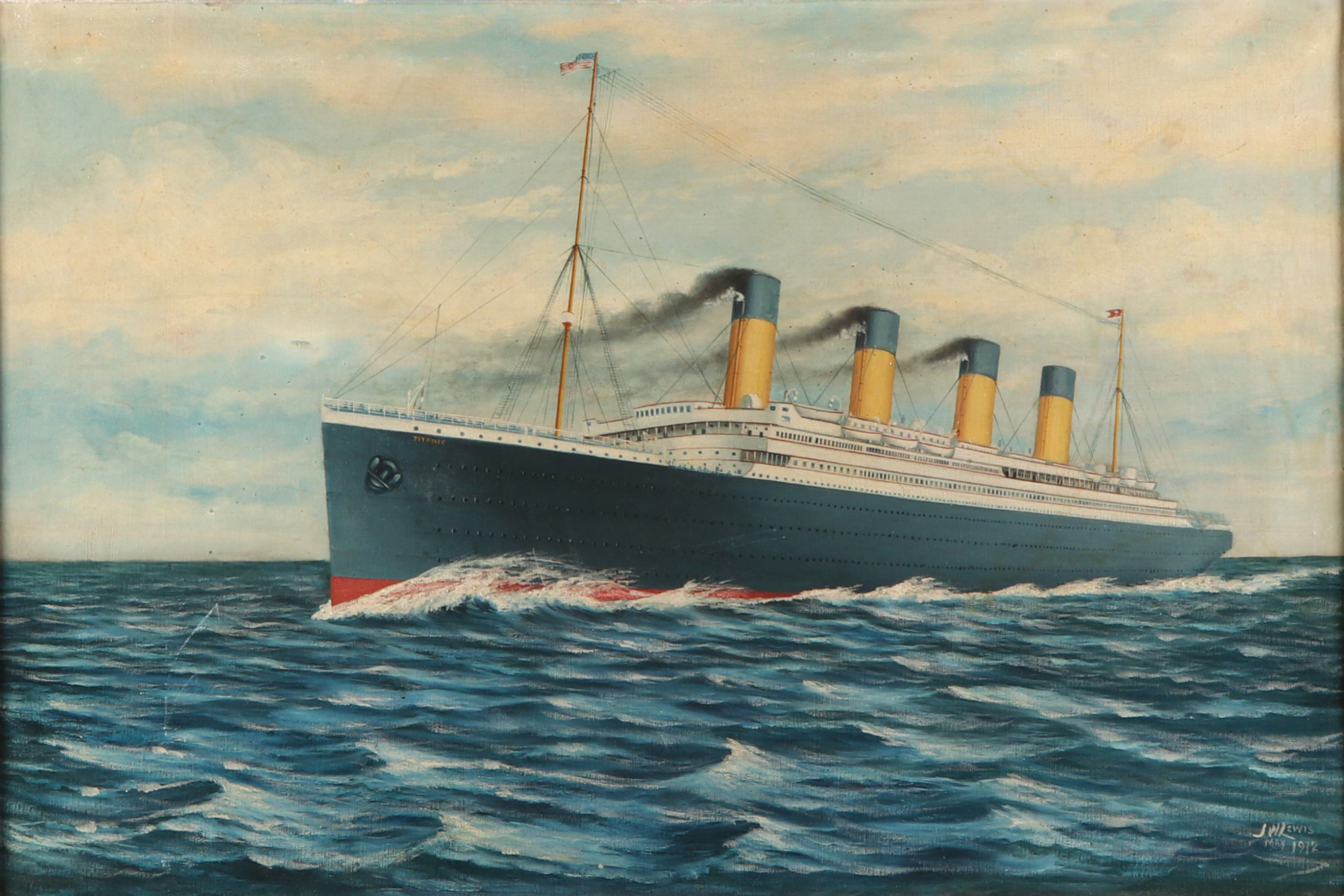 JW LEWIS. Oljemålning på duk. Fartygsporträtt av Titanic. Signerad och daterad 1912.