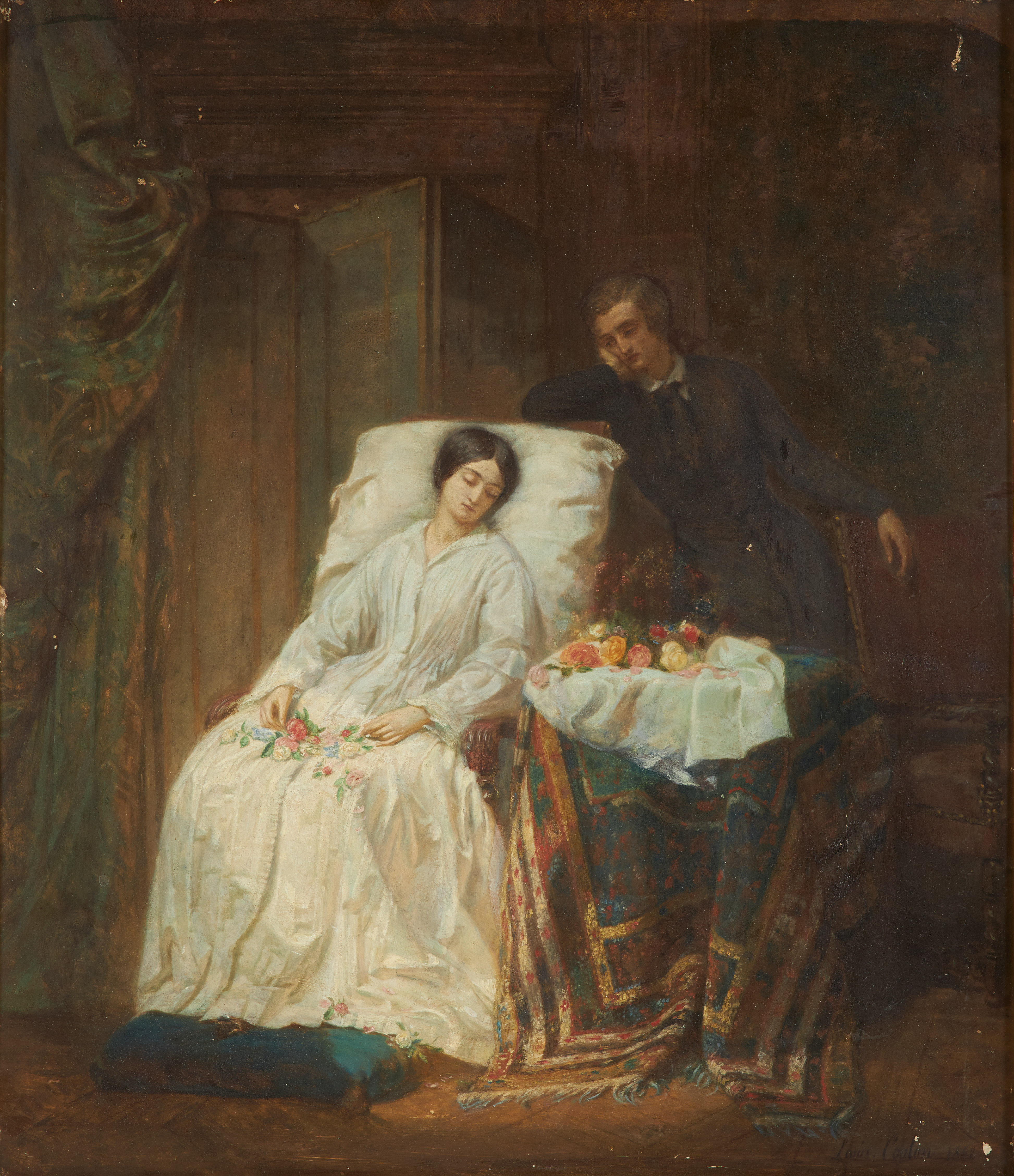 LOUIS COULON (1819-1855). Interiör, kvinna i vitt, olja på pannå, signerad och daterad 1842.