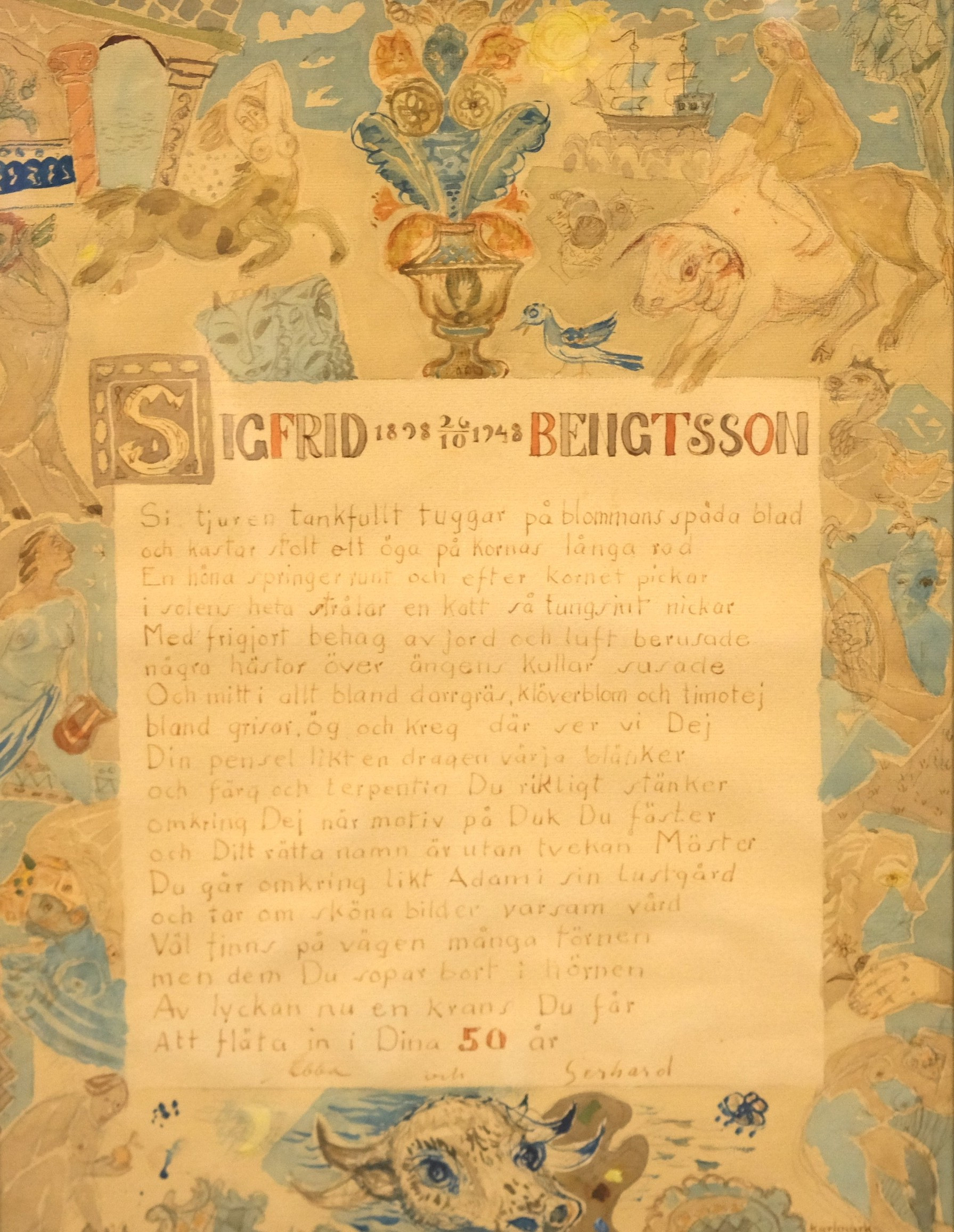 GRATULATIONSTAVLA, FRÅN EBBA OCH GERHARD KARLMARK TILL SIGFRID BENGTSSON, AKVARELL.