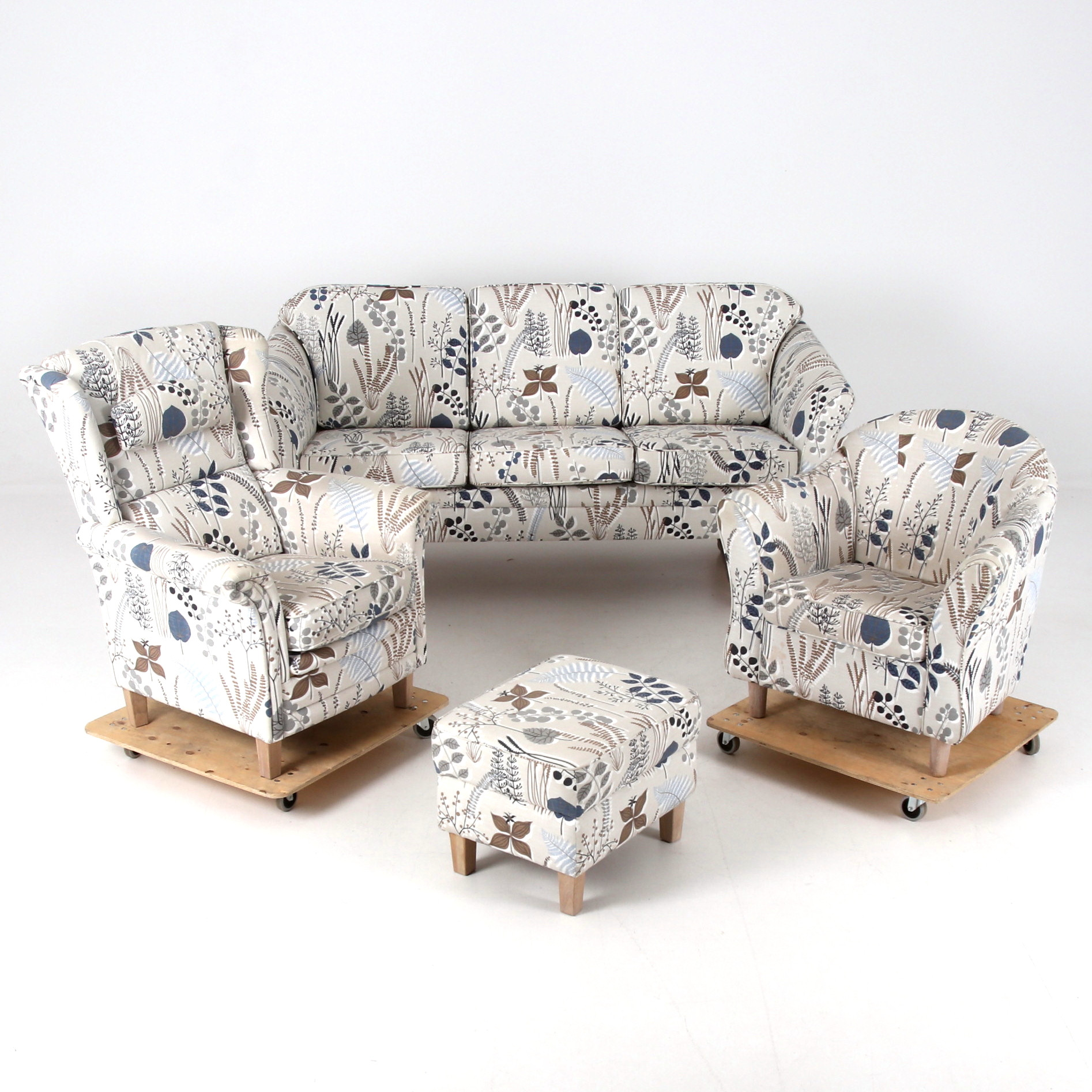 FÅTÖLJER och SOFFA, 3 delar, textil "Botanik Blå". 2000-tal.
