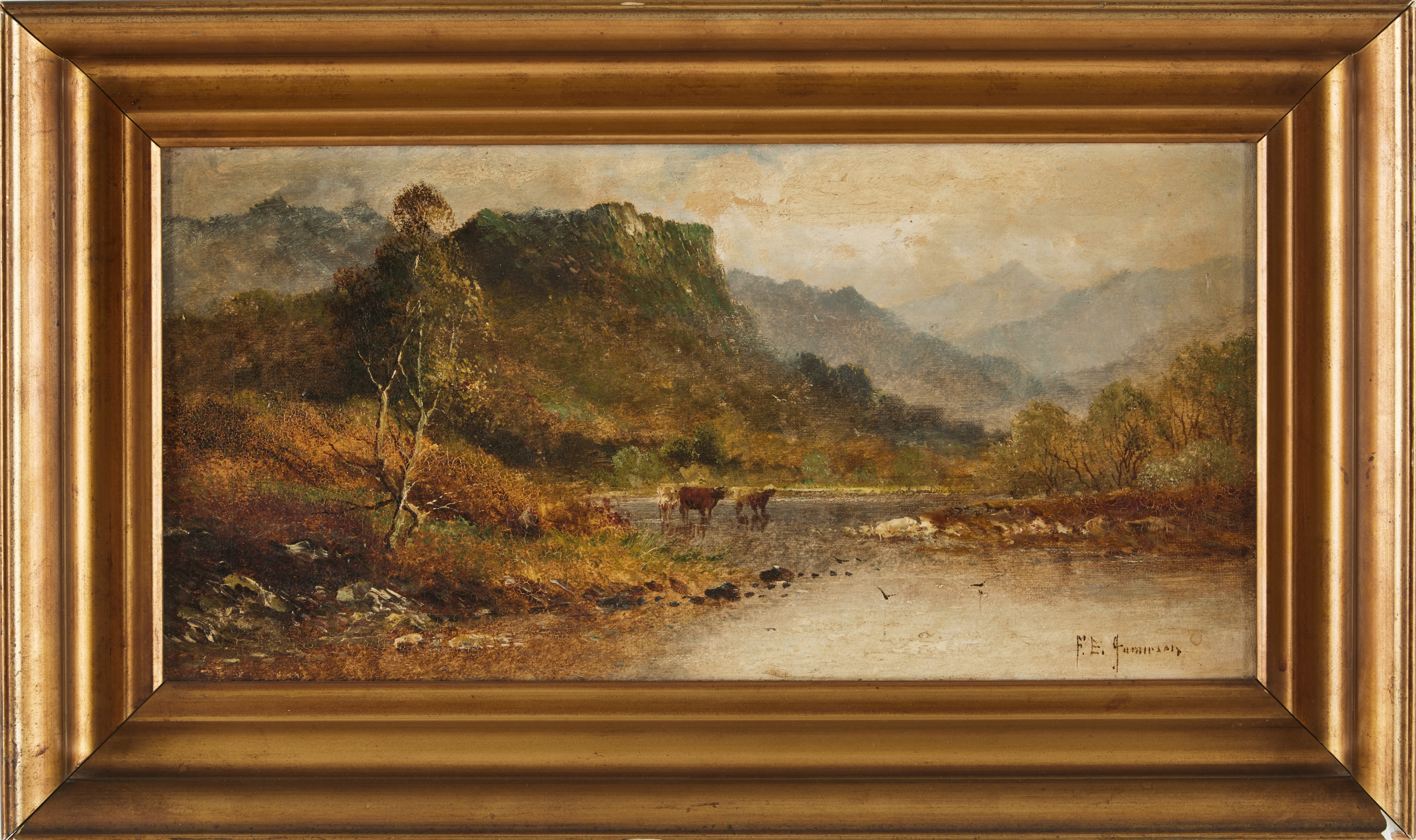 FRANK E. JAMIESON (1834-1899) Höstlandskap med kor vid vattendrag. Oljemålning på duk, signerad F.E. Jamieson.