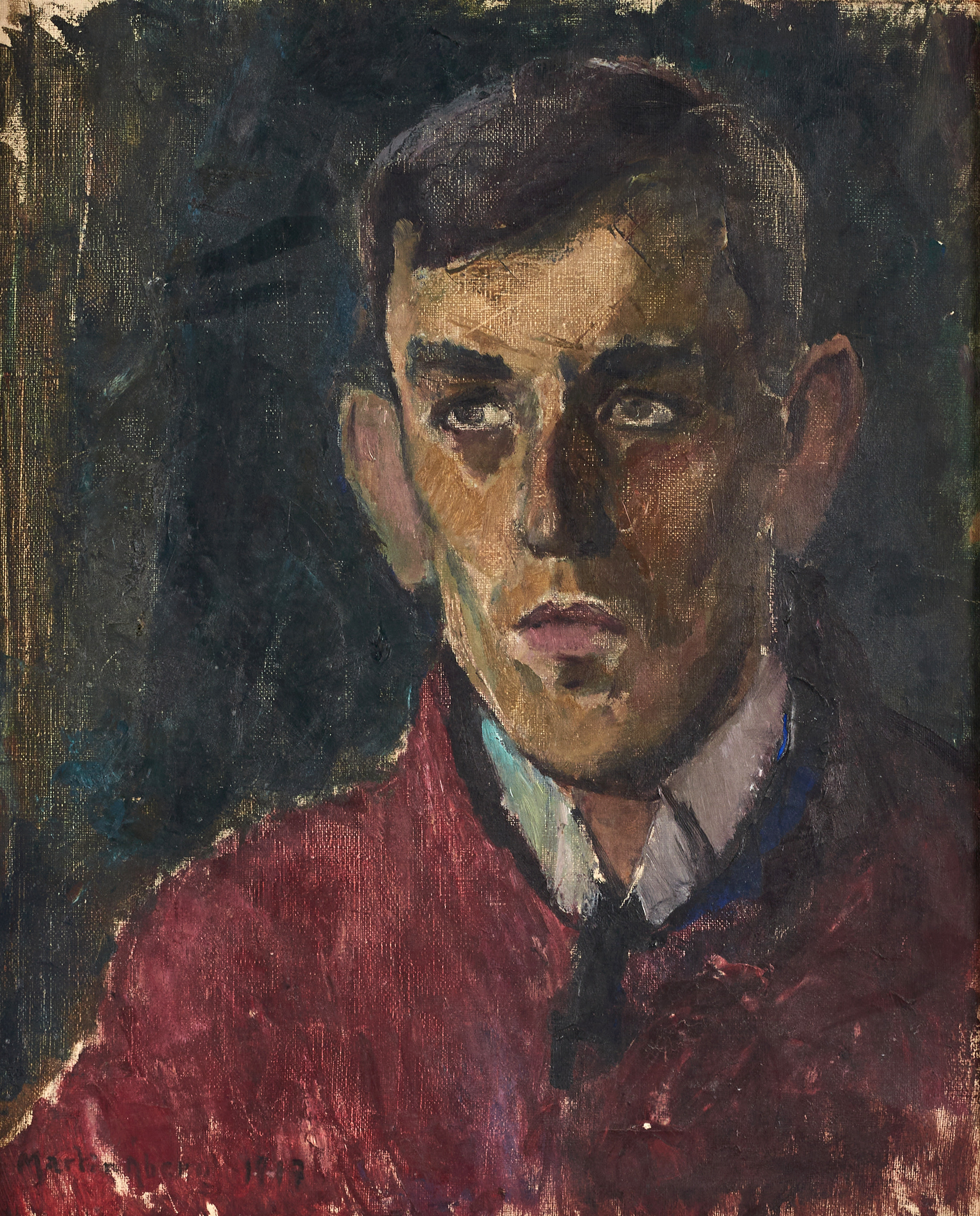 MARTIN ÅBERG (Sverige, född 1888 i Ljusnarsberg, död 1946 i Stockholm). "Porträtt af Ivar Simonsson", singerad och daterad 1917, olja på duk.
