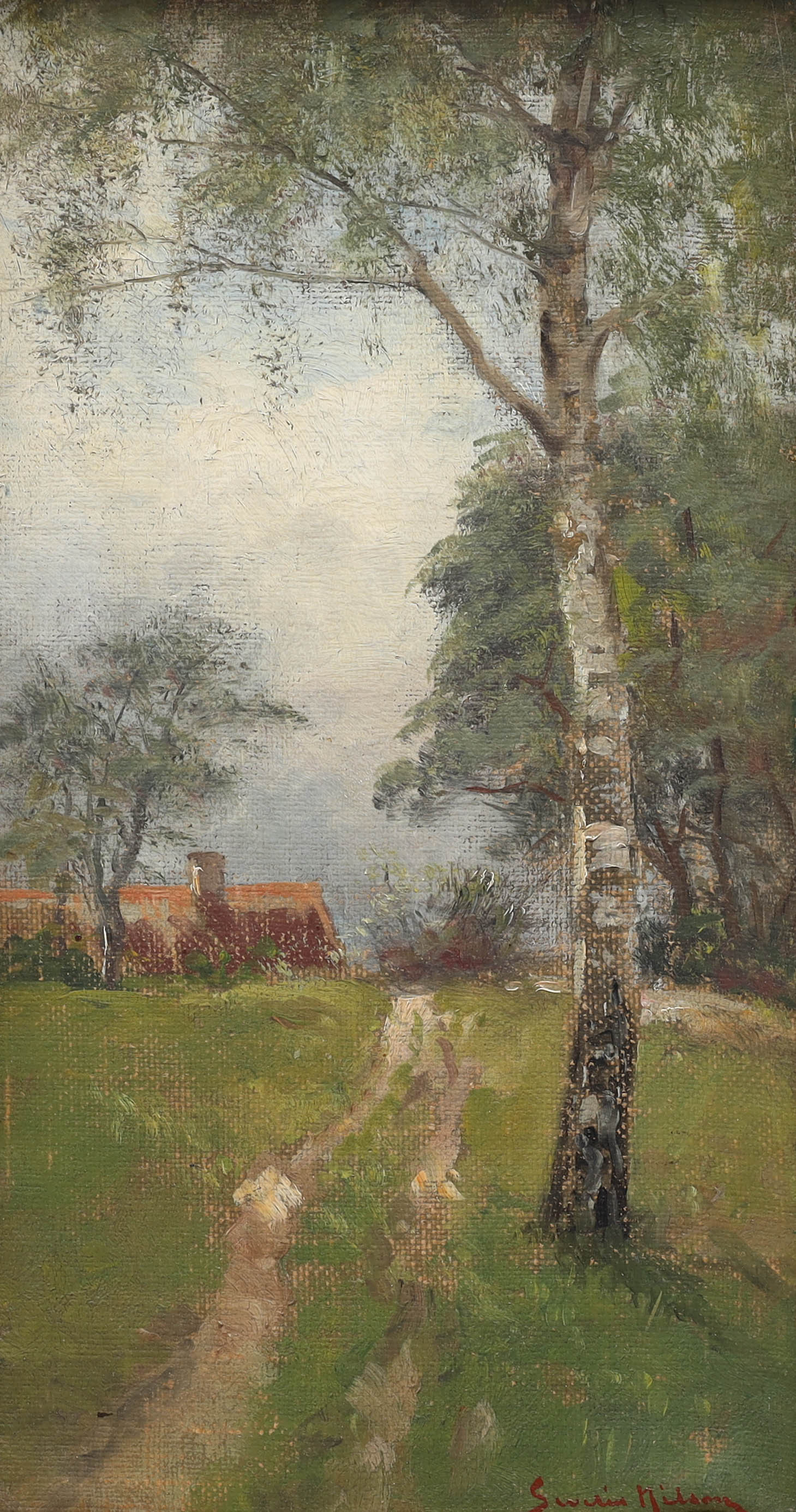 SEVERIN NILSON. olja på duk, vår i gårdsmiljö, signerad.